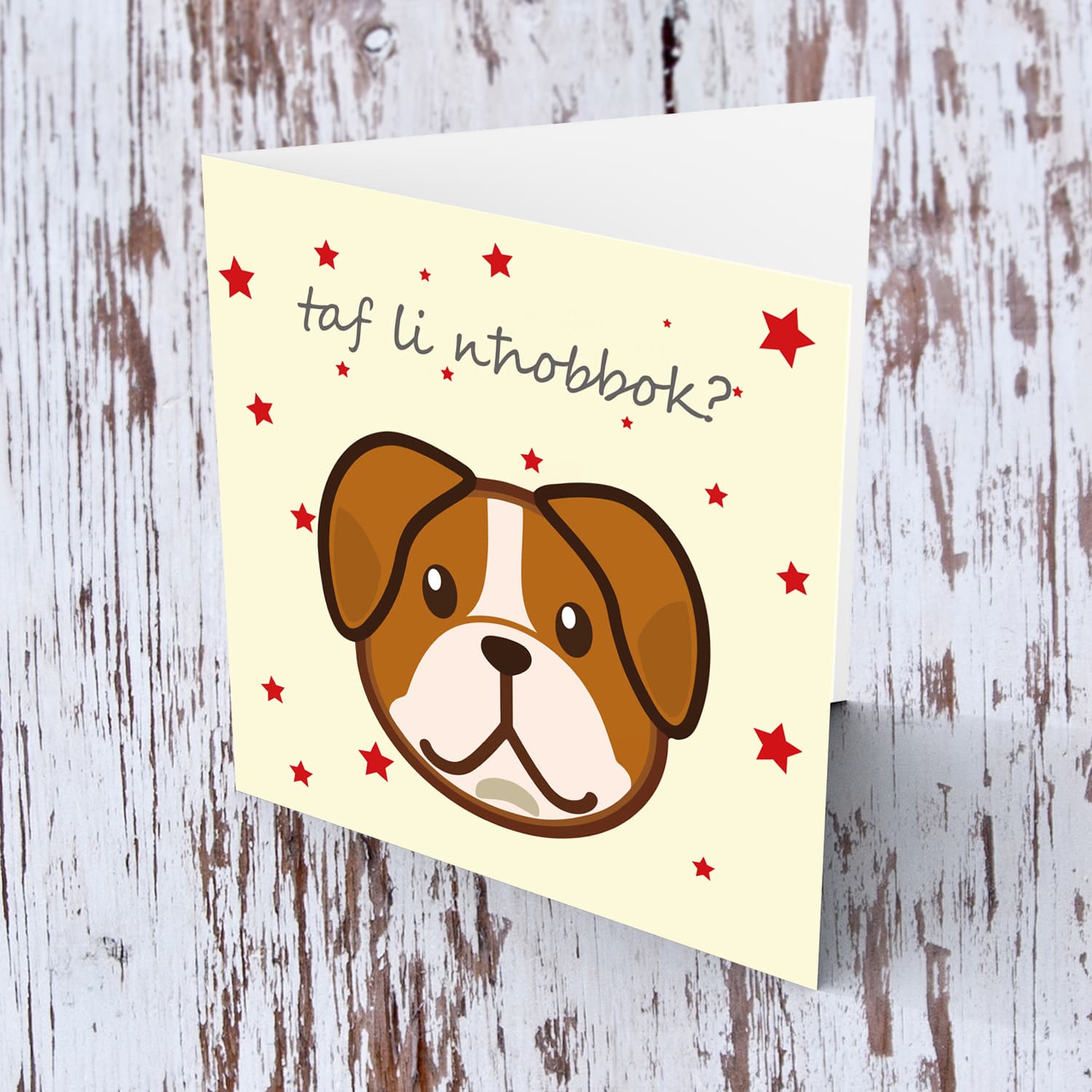 Dog themed Valentine's card with scattered red hearts in Maltese