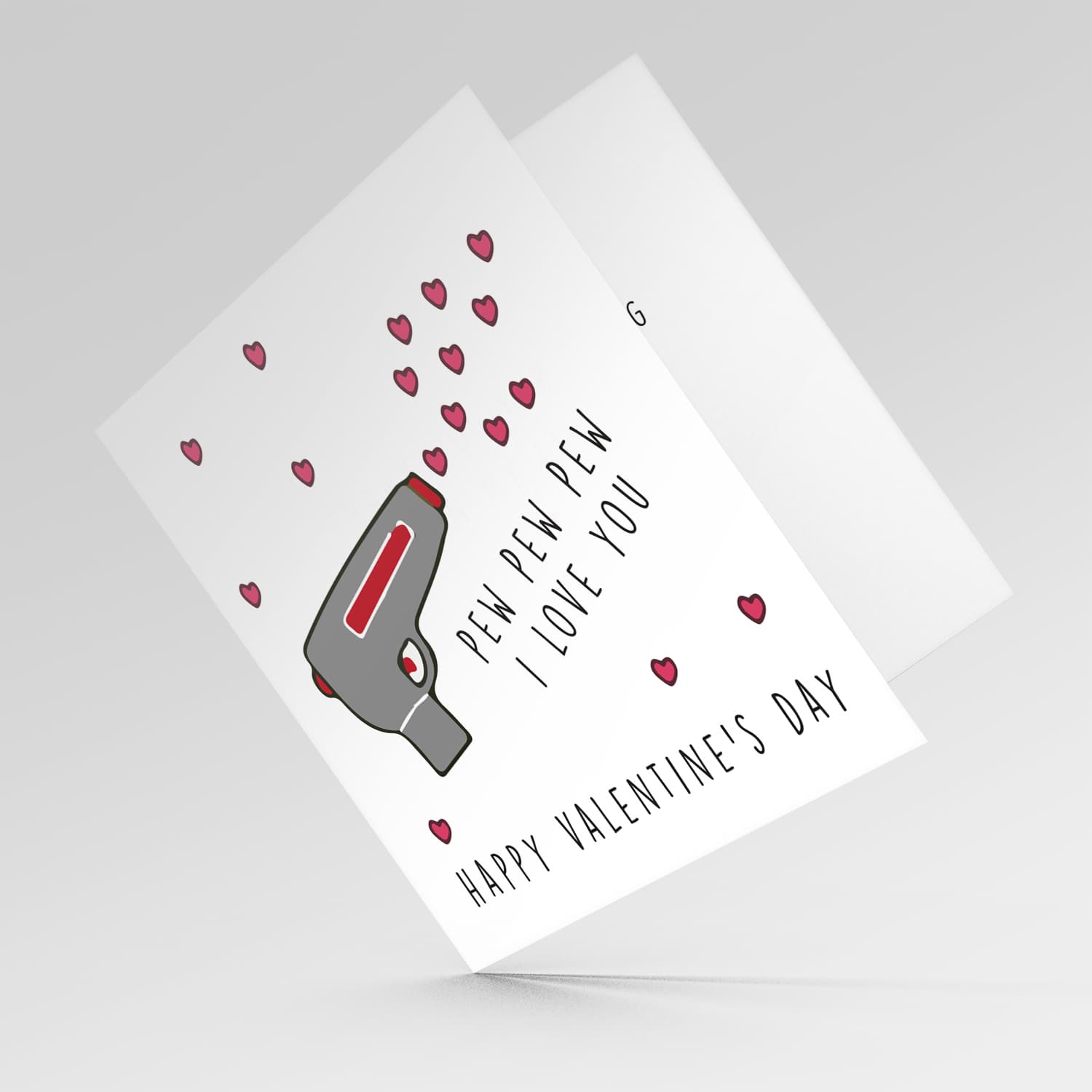 Gun shooting love hearts Valentine's Card in English