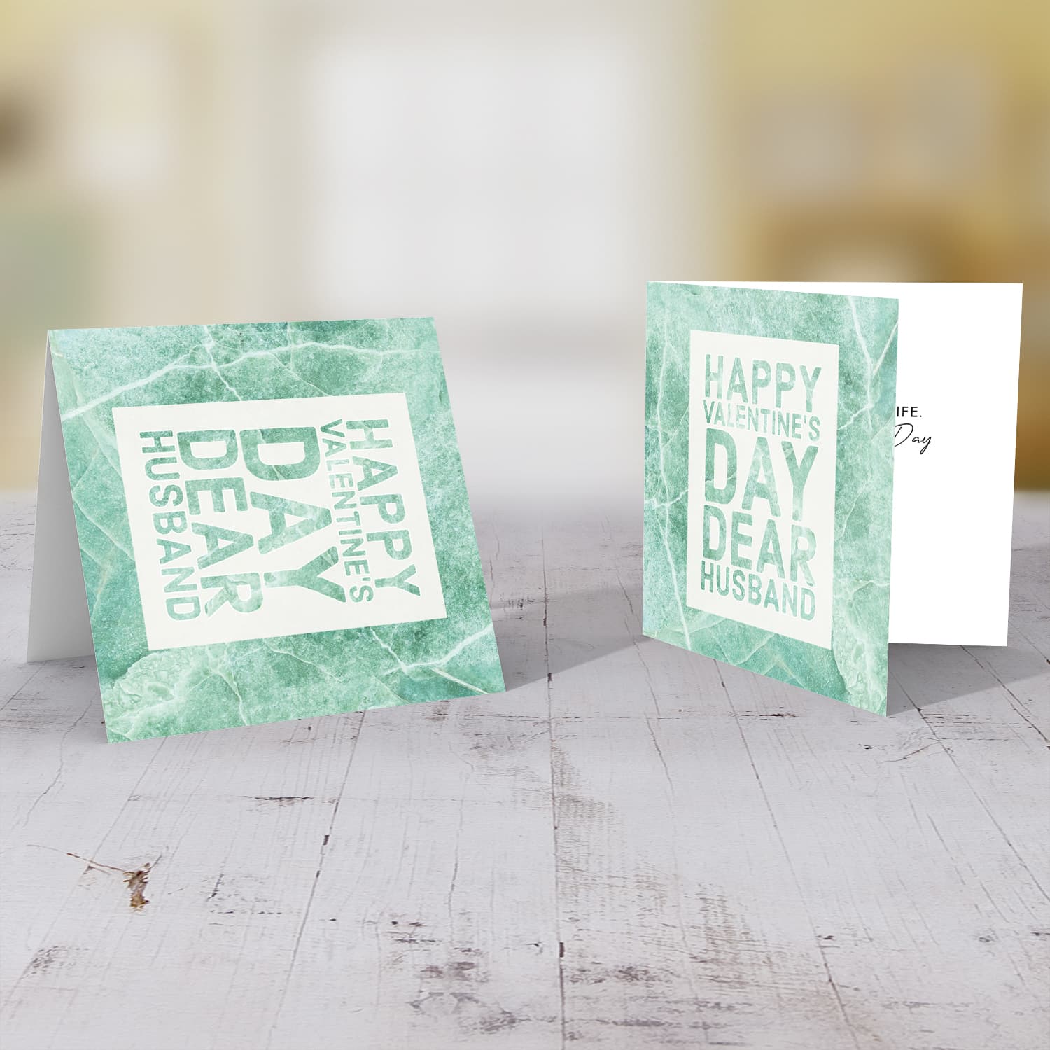 Husband Valentine's Day card with green marbled background in English