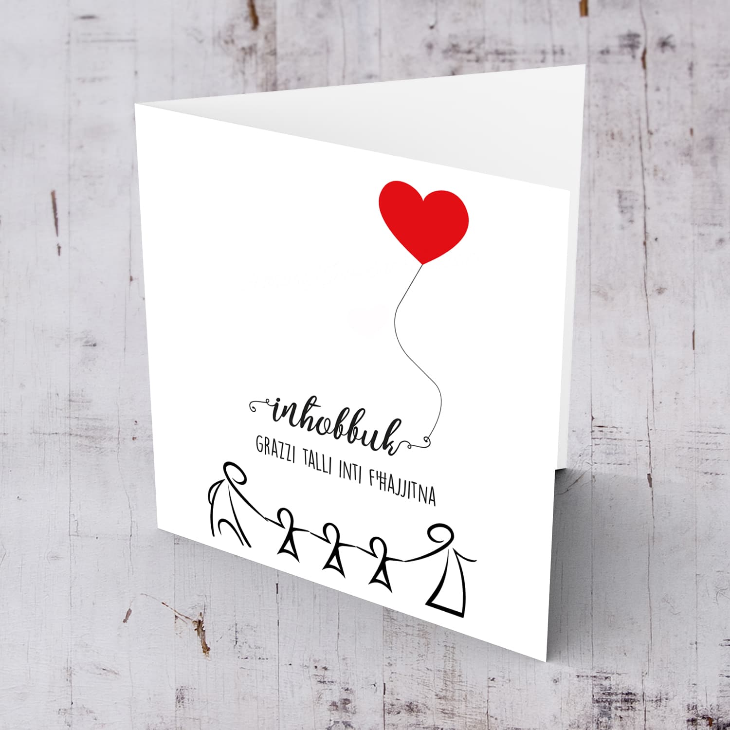 Family themed Valentine's Card with red heart in Maltese with 3 children