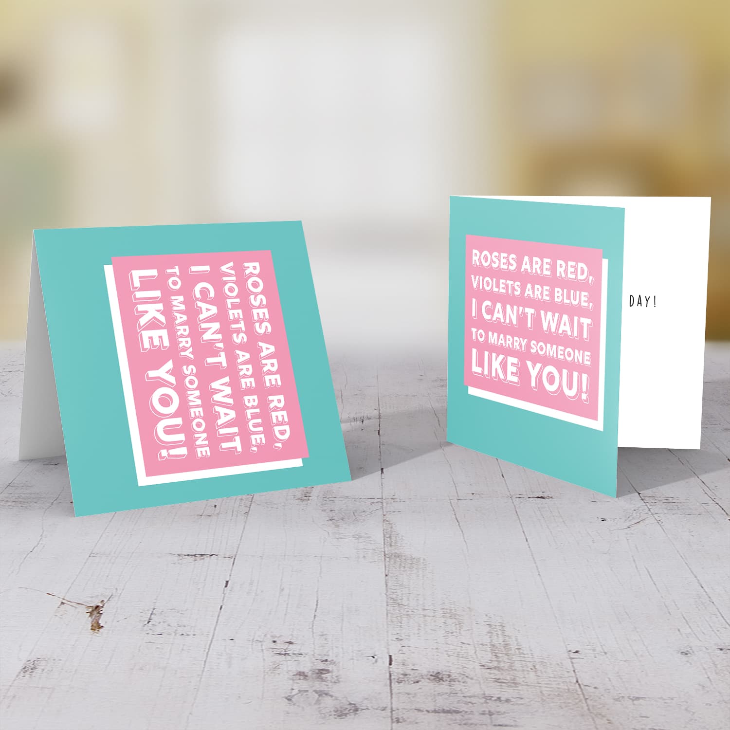 Block colours in pink and turquoise Valentine's Day Card in English