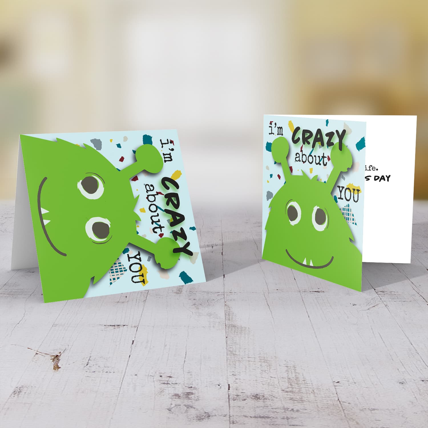 I'm Crazy about you - cute green monster themed card in English