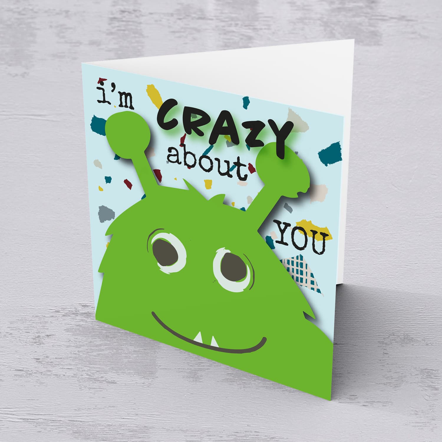 I'm Crazy about you - cute green monster themed card in English