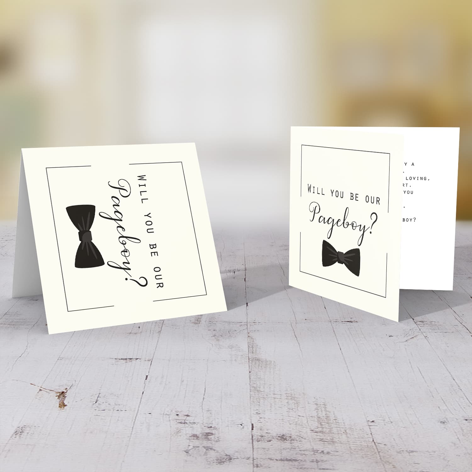 Will you be our Pageboy card with black bow in English