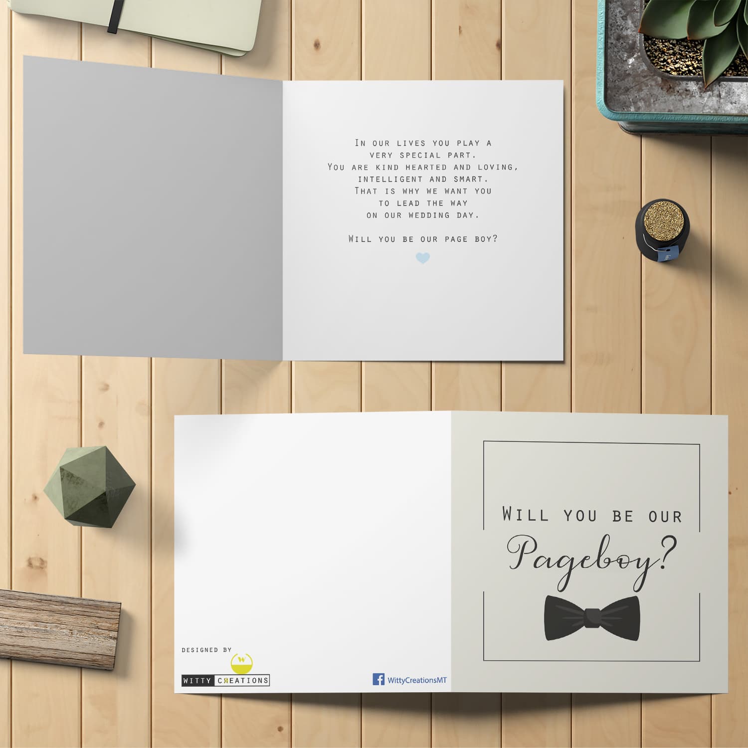 Will you be our Pageboy card with black bow in English