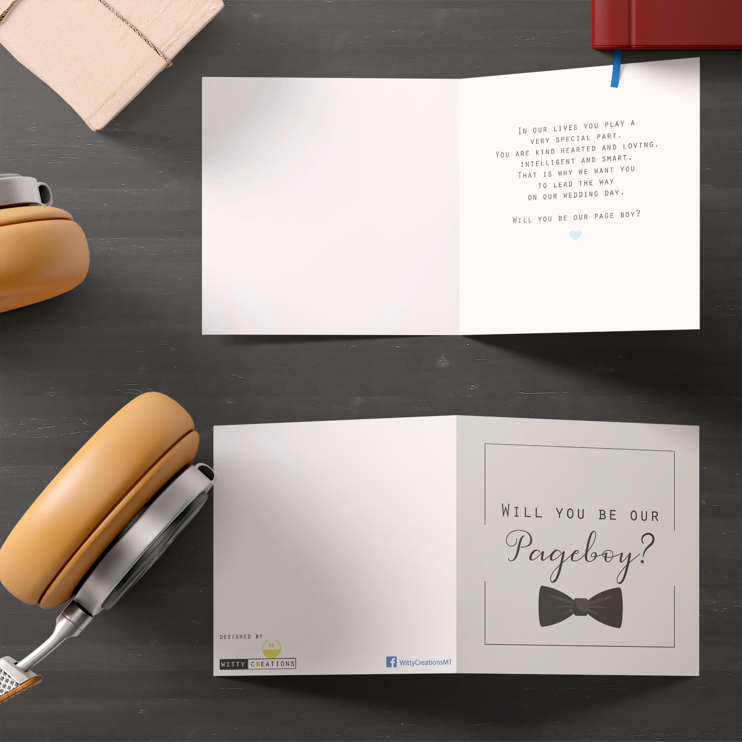 Will you be our Pageboy card with black bow in English