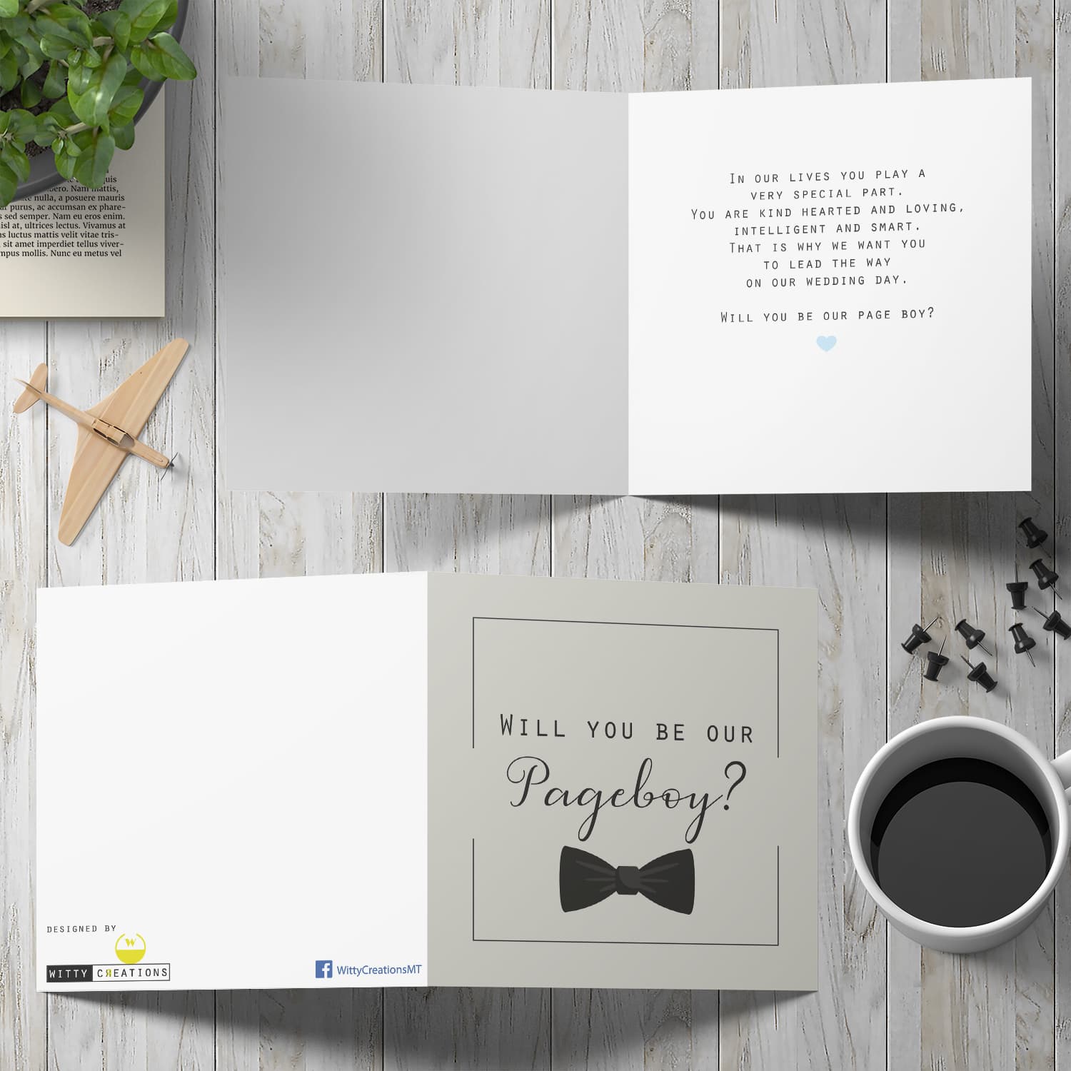 Will you be our Pageboy card with black bow in English