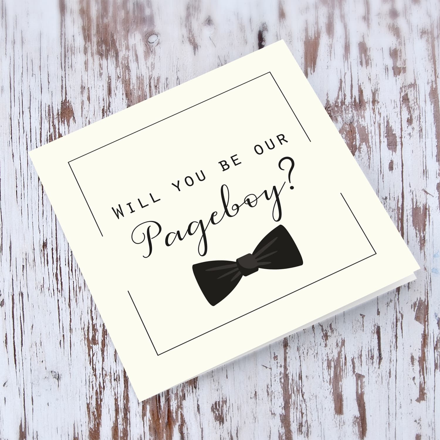 Will you be our Pageboy card with black bow in English