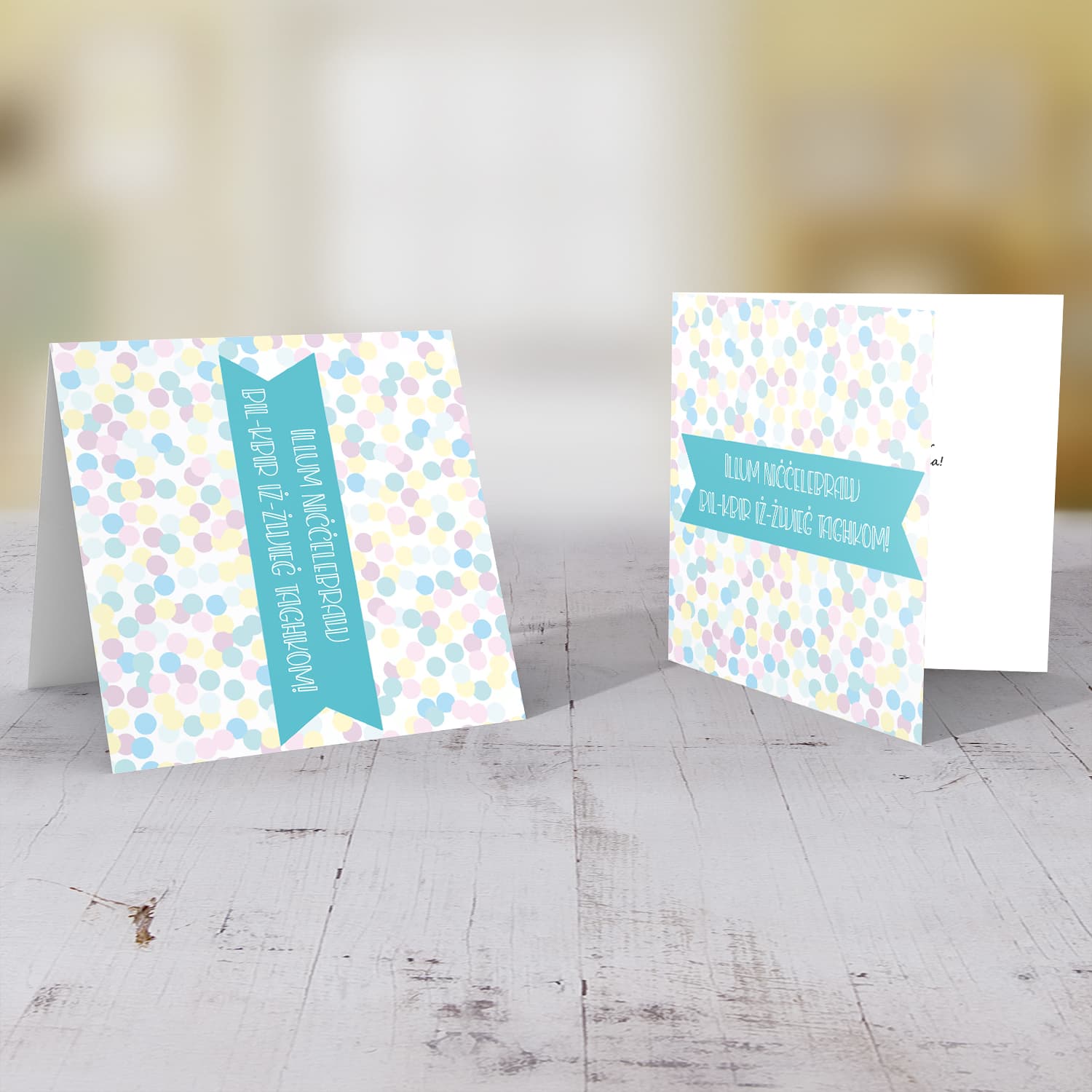 Colourful circles Wedding Card in Maltese with turquoise  banner