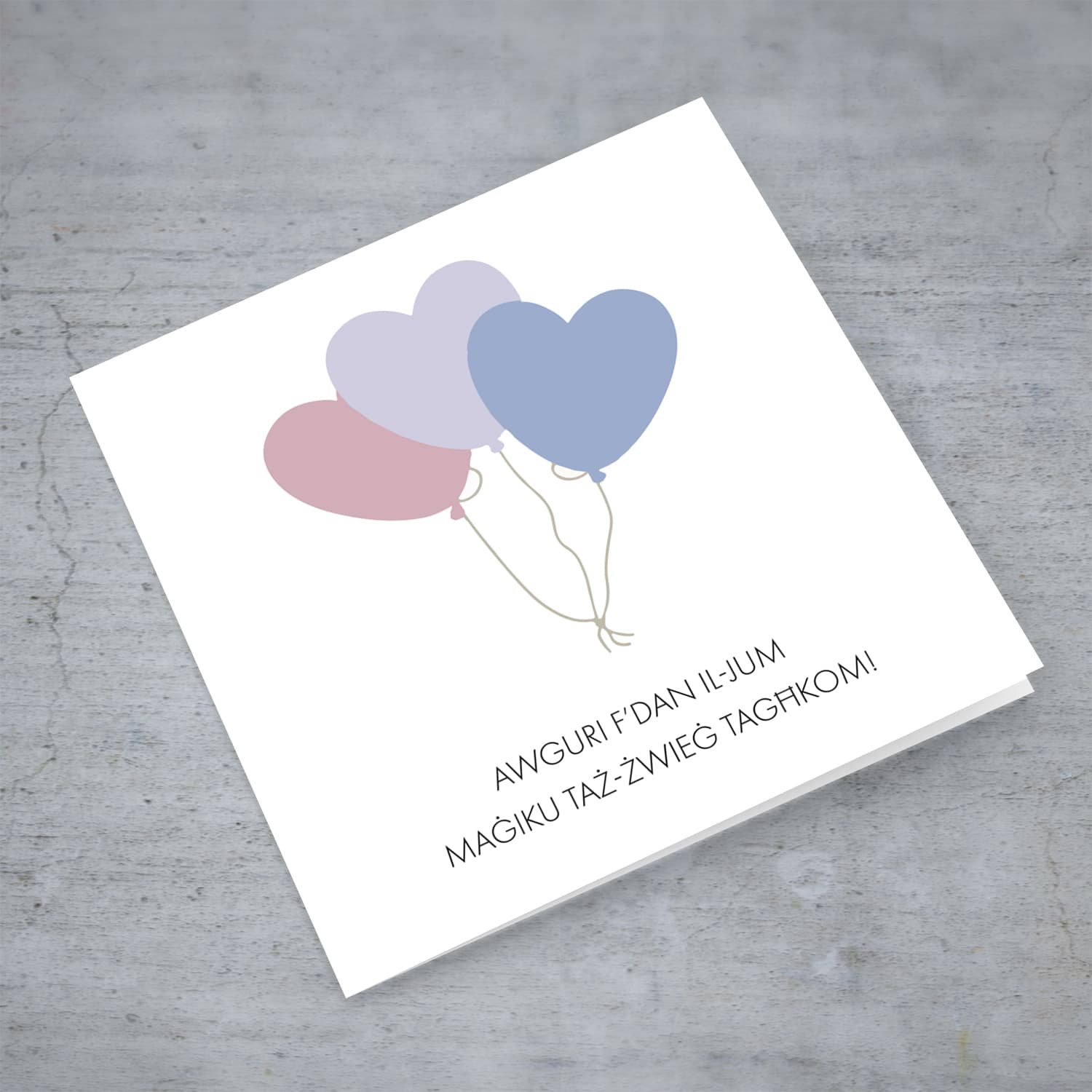 Balloon themed wedding card in pastel colours in Maltese