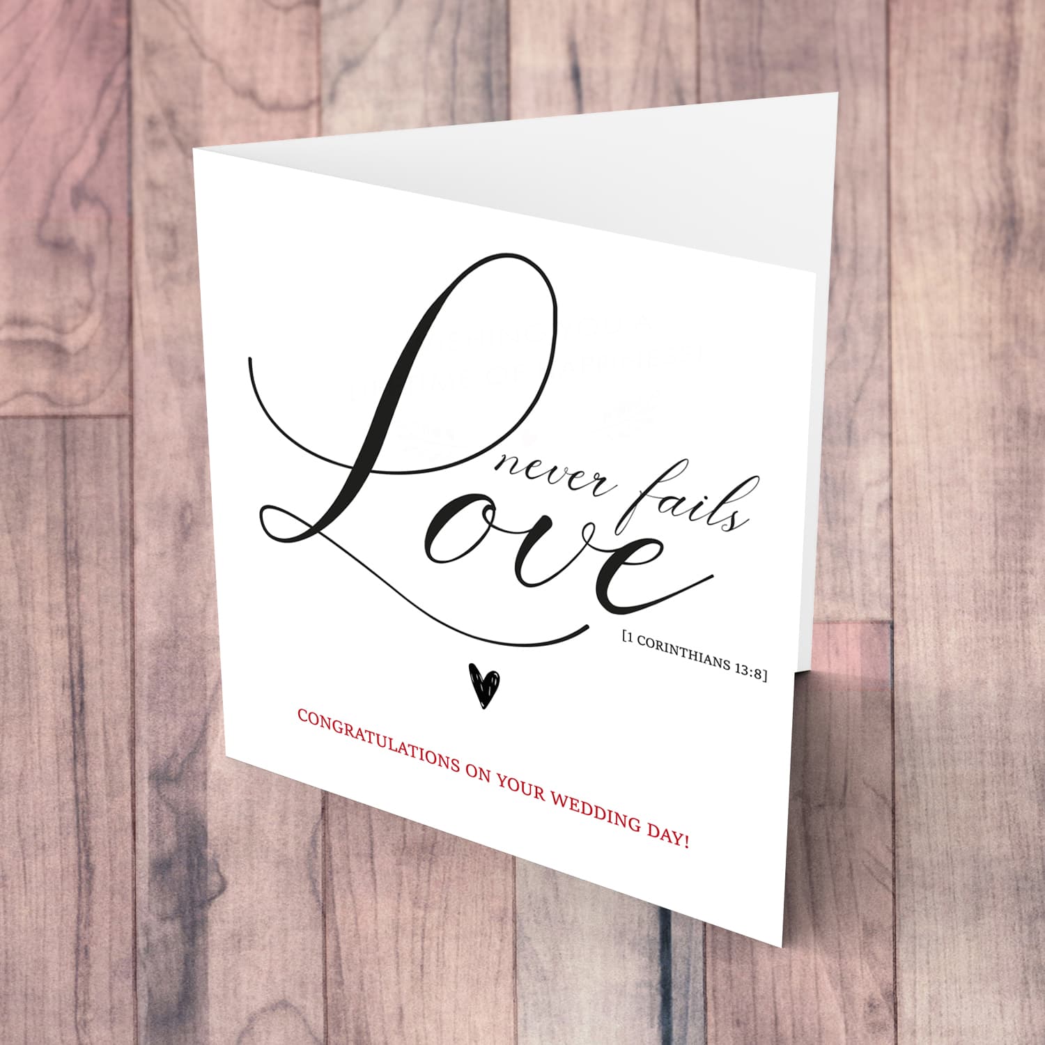 Love never fails wedding card in English