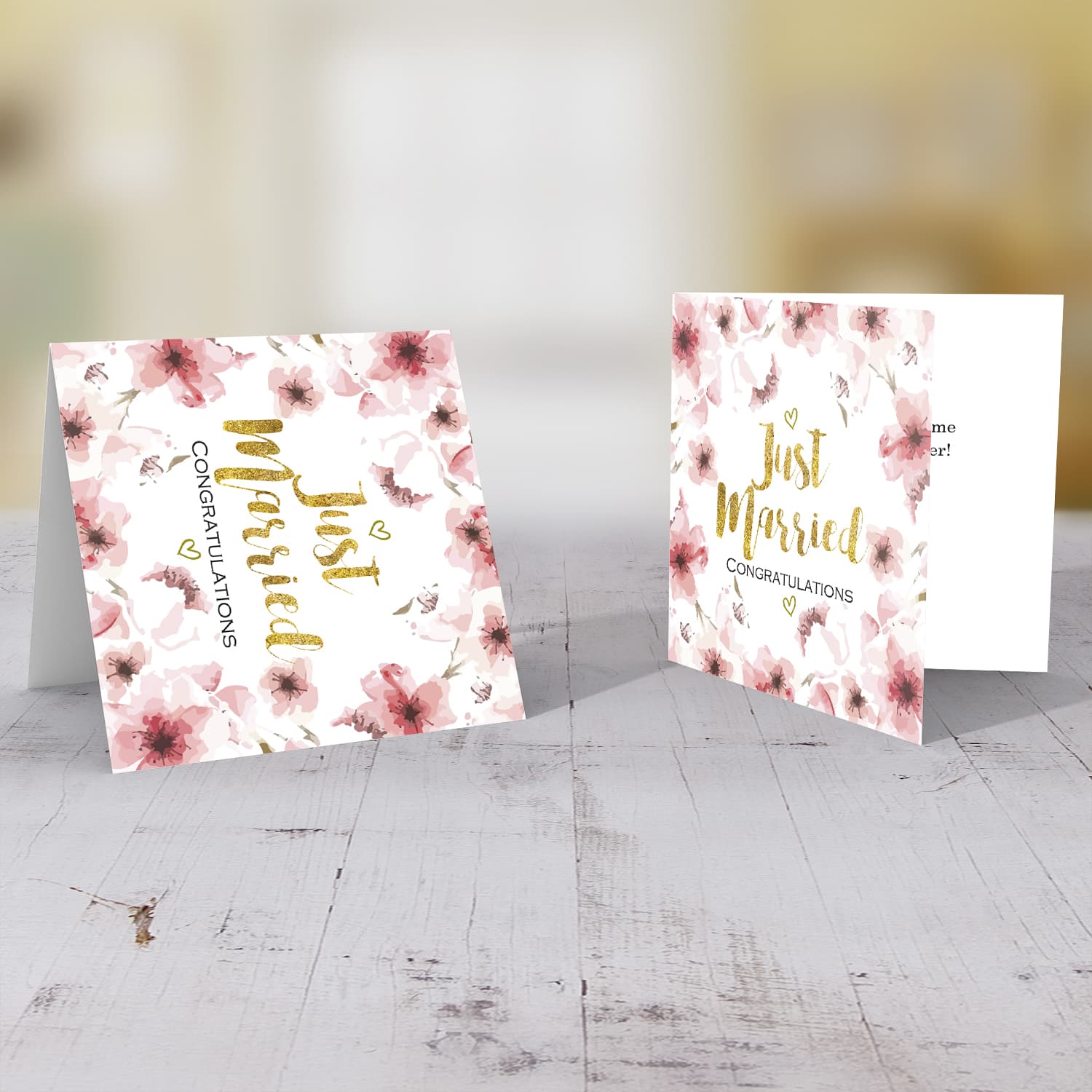 Pink flowers themed wedding card with golden text wedding card in English