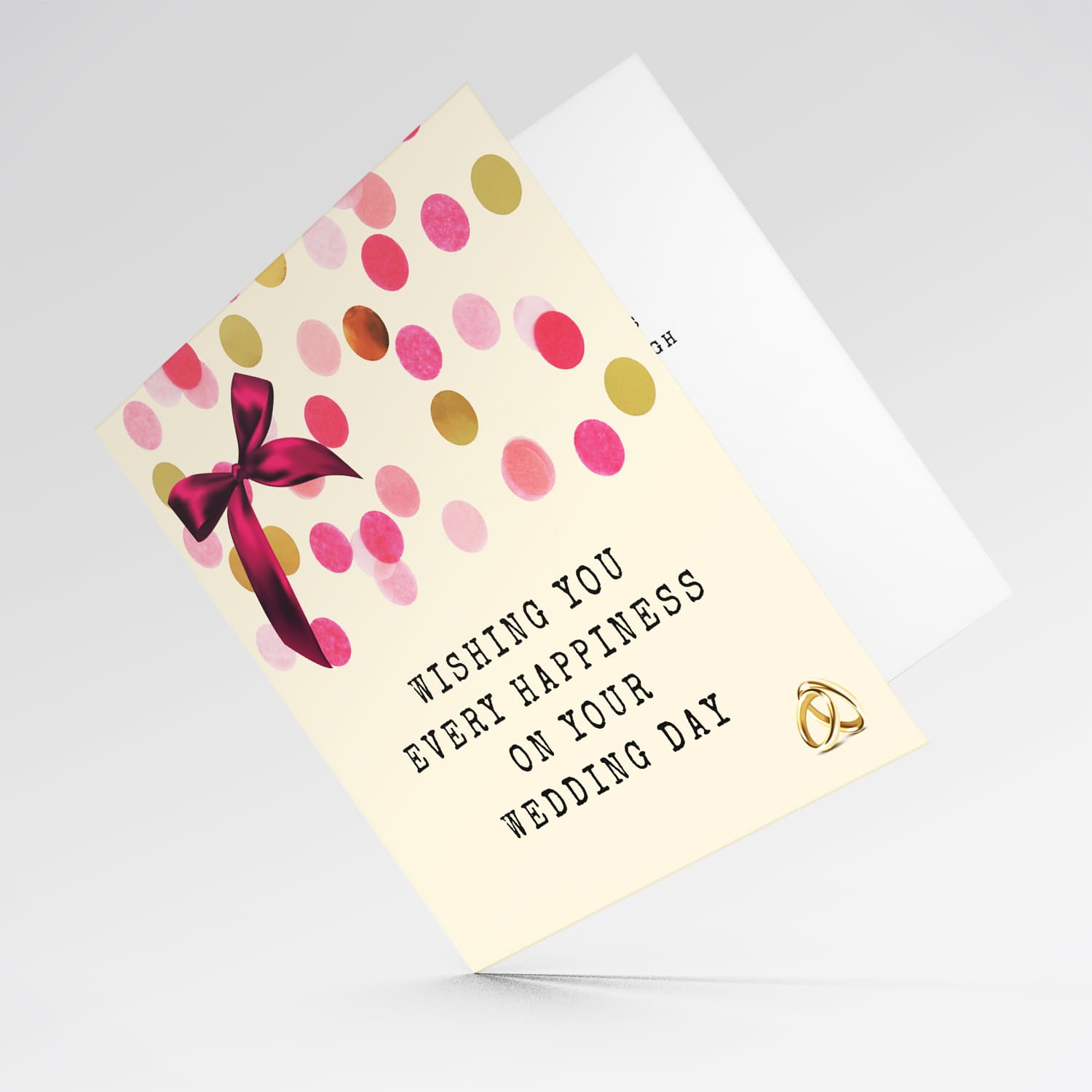 Cute wedding card with pink bow and scattered colourful confetti in English