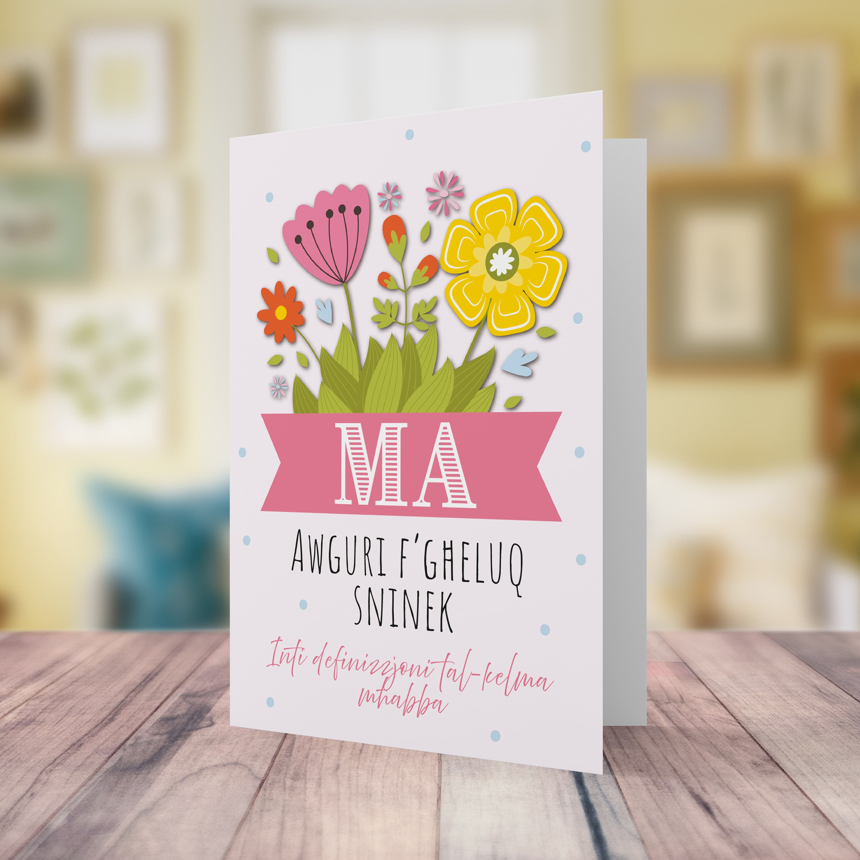Cute Birthday card for mum in a light pink background featuring colourful florals and a special message in Maltese