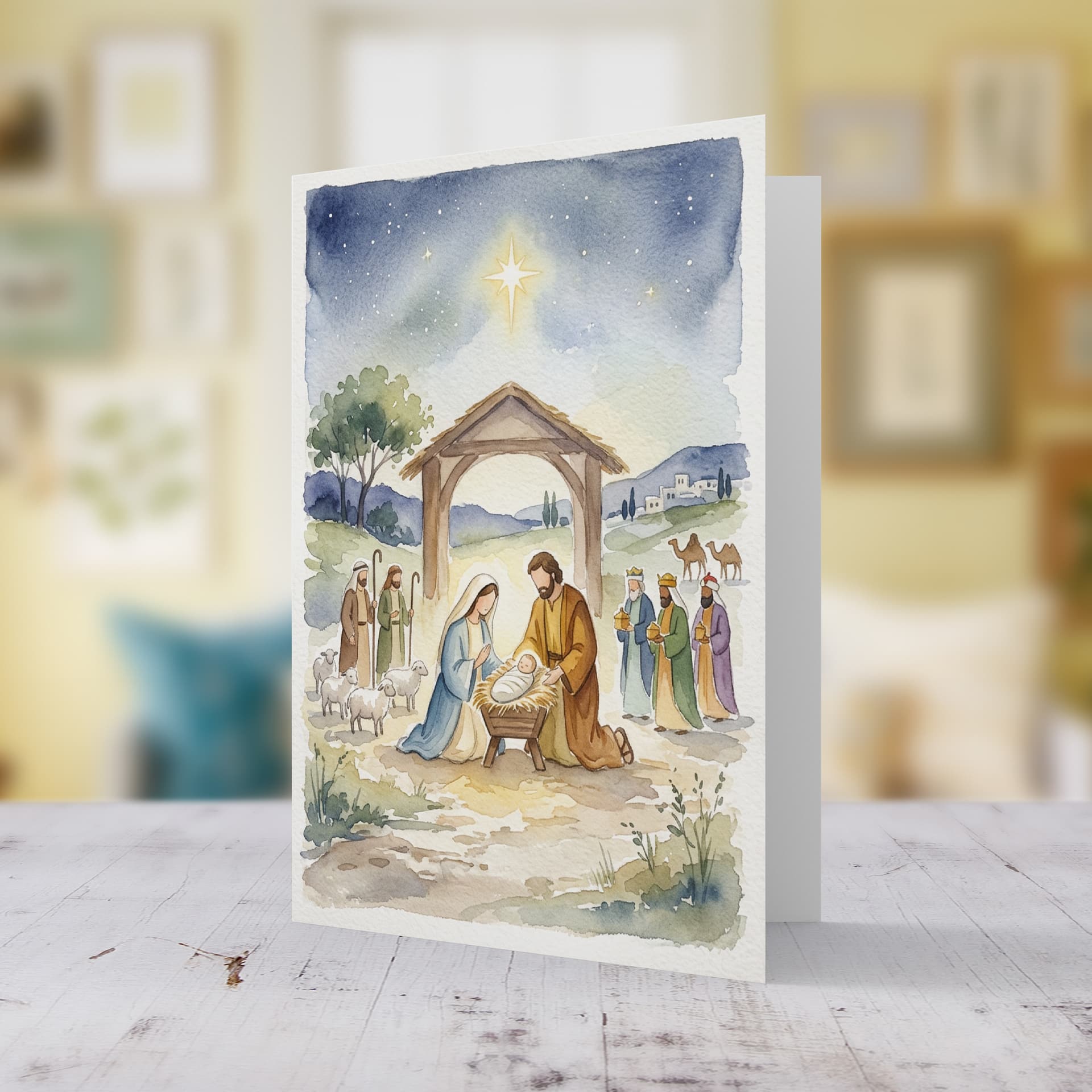 An a5 Christmas greeting card, featuring the Nativity scene in in watercolours, with minimalist details in Maltese