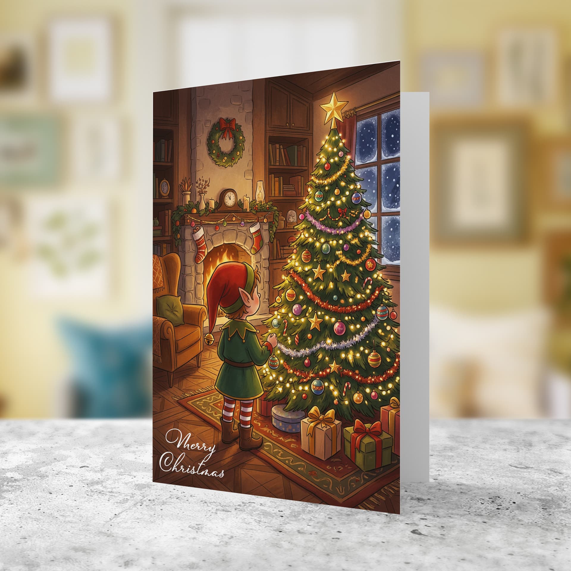 A cute A5 Christmas card, featuring a boy Elf near a beautiful Christmas tree in English