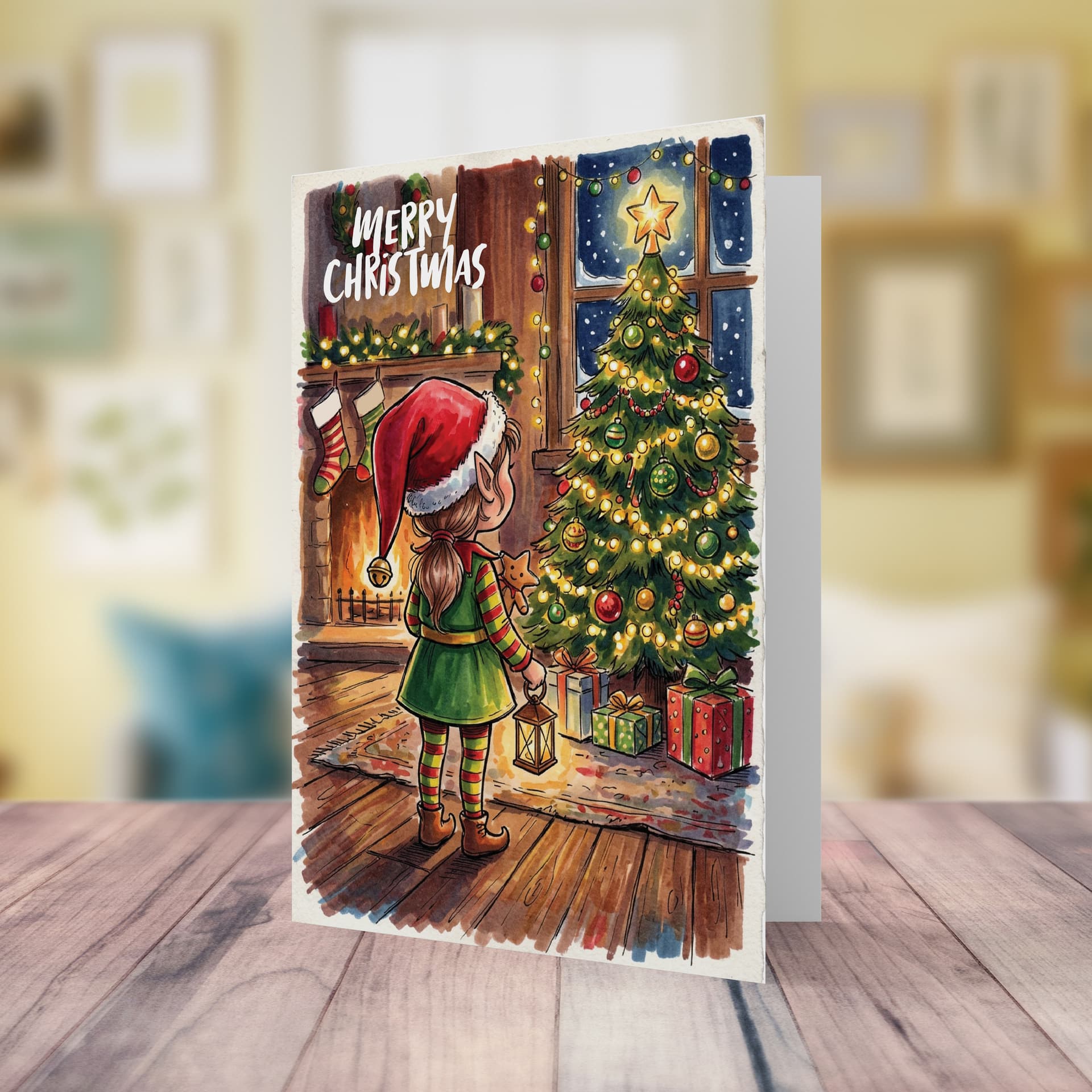 A cute A5 Christmas card, featuring a girl Elf near a beautiful Christmas tree in English