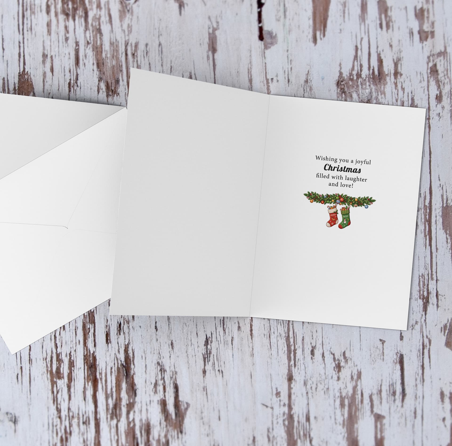 An a5 Christmas card for SON, featuring a Christmassy background including baubles, bows and snowflakes in English