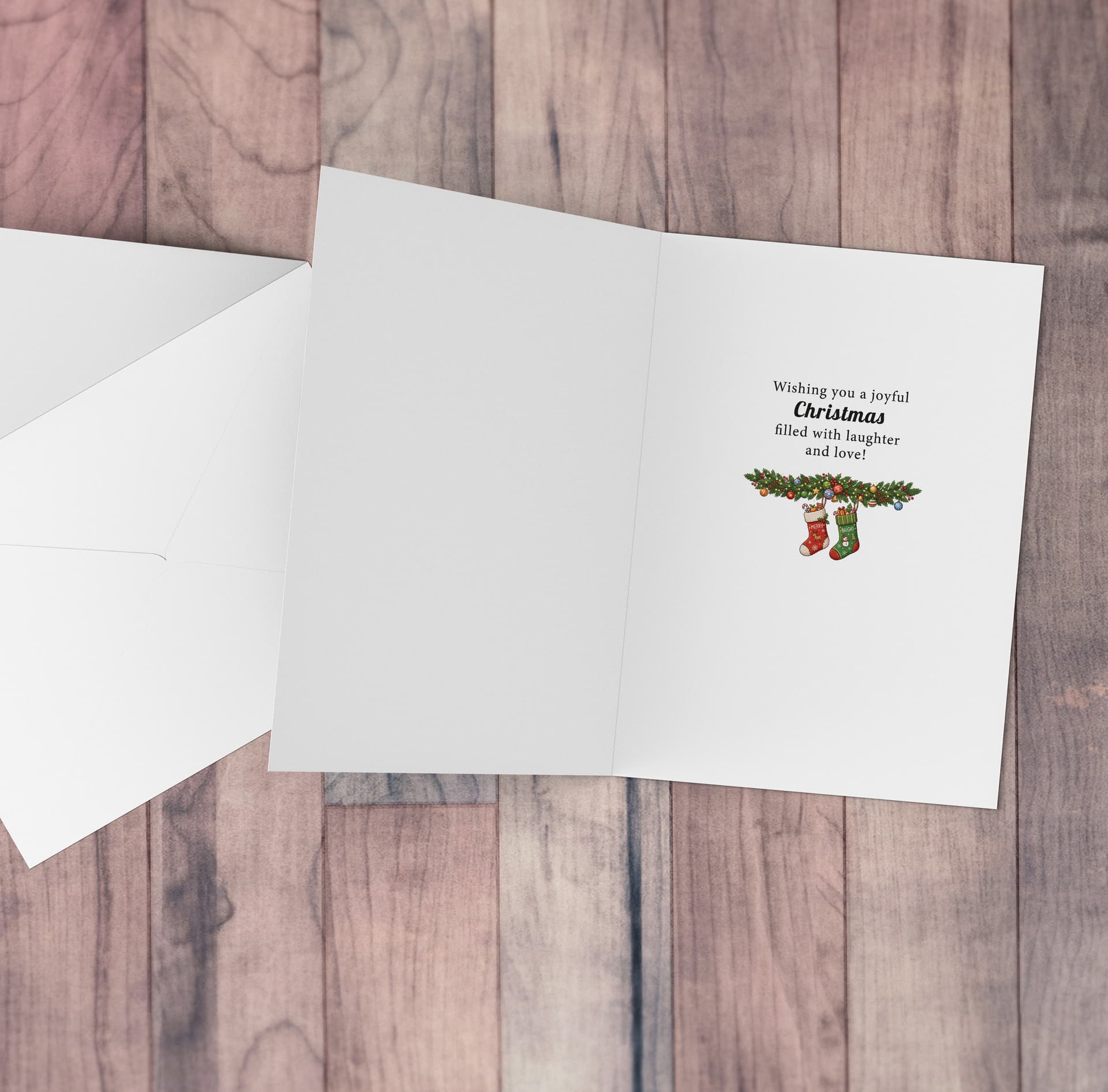 An a5 Christmas card for DAUGHTER featuring a Christmassy background including baubles, bows and snowflakes in English