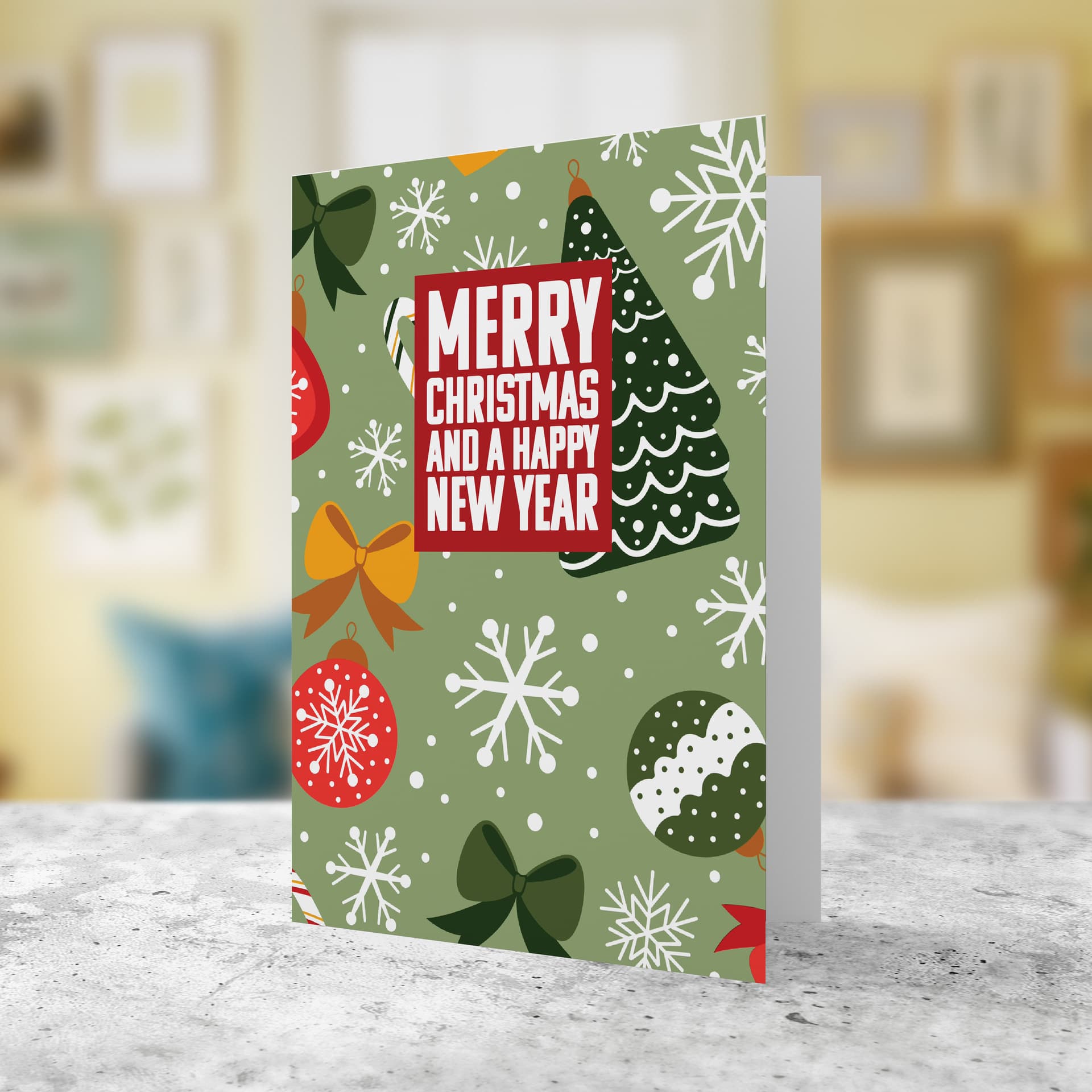 An open a5 Christmas card featuring a Christmassy background including baubles, bows and snowflakes in English