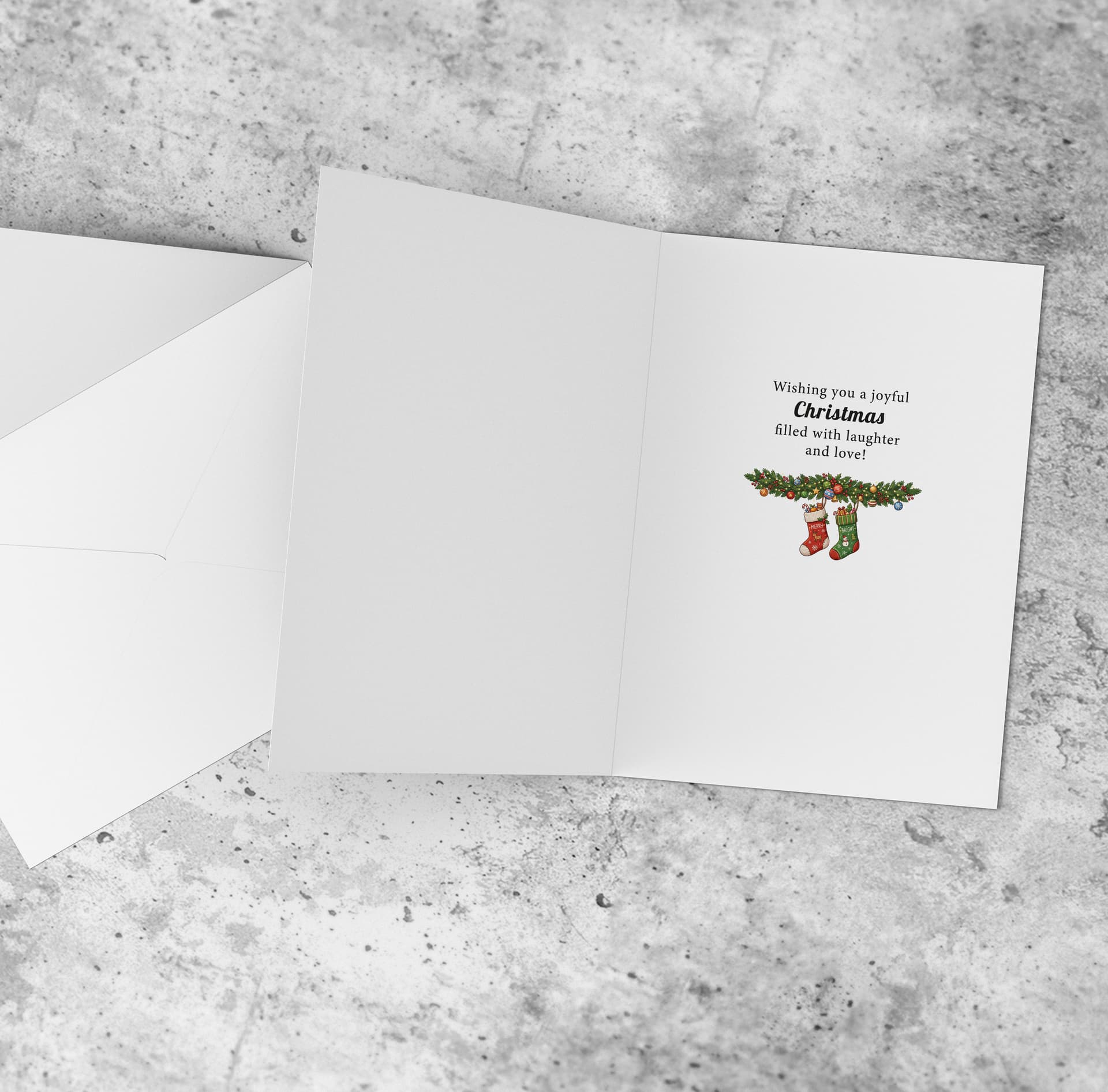 An open a5 Christmas card featuring a Christmassy background including baubles, bows and snowflakes in English