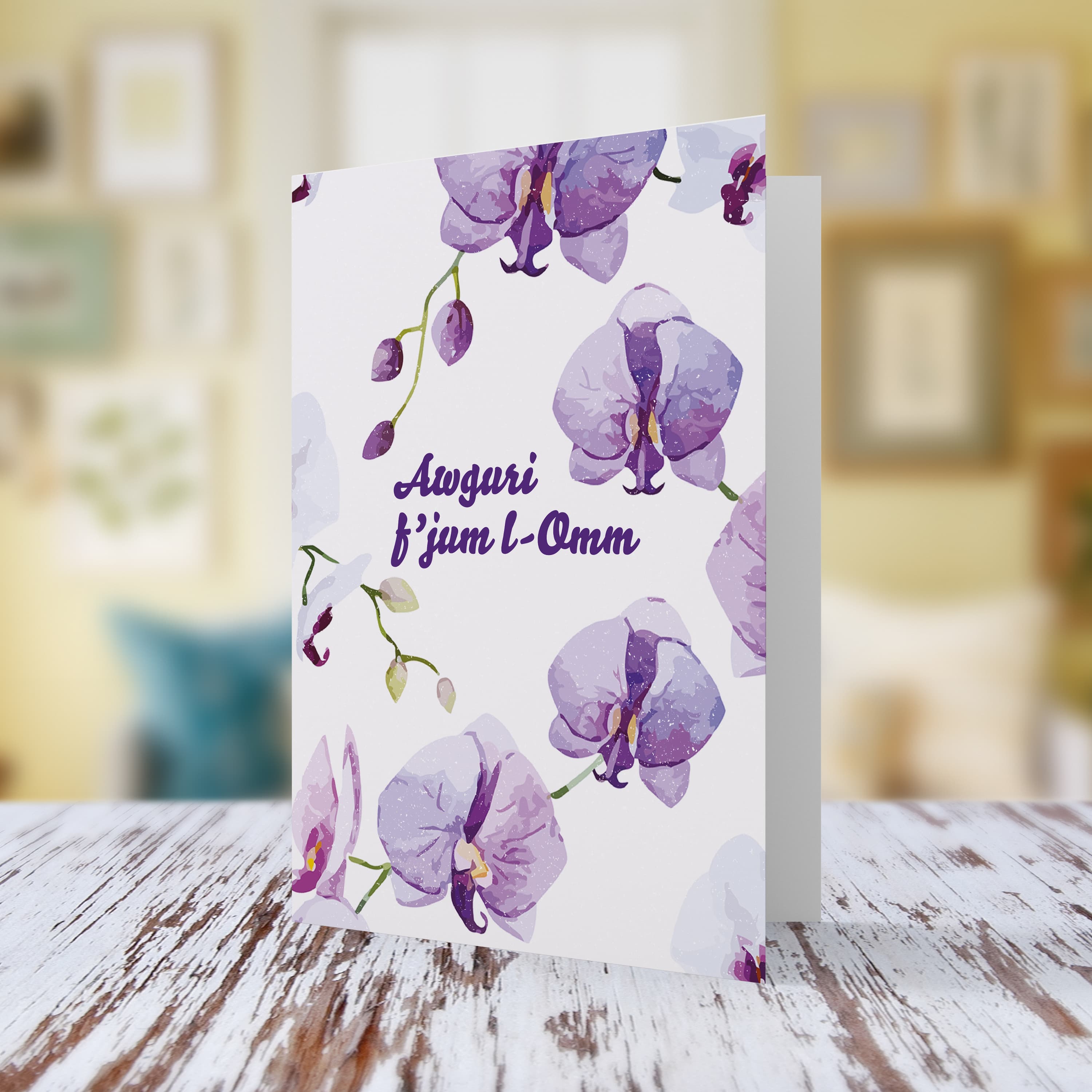 A purple themed orchid Mother's Day card in Maltese