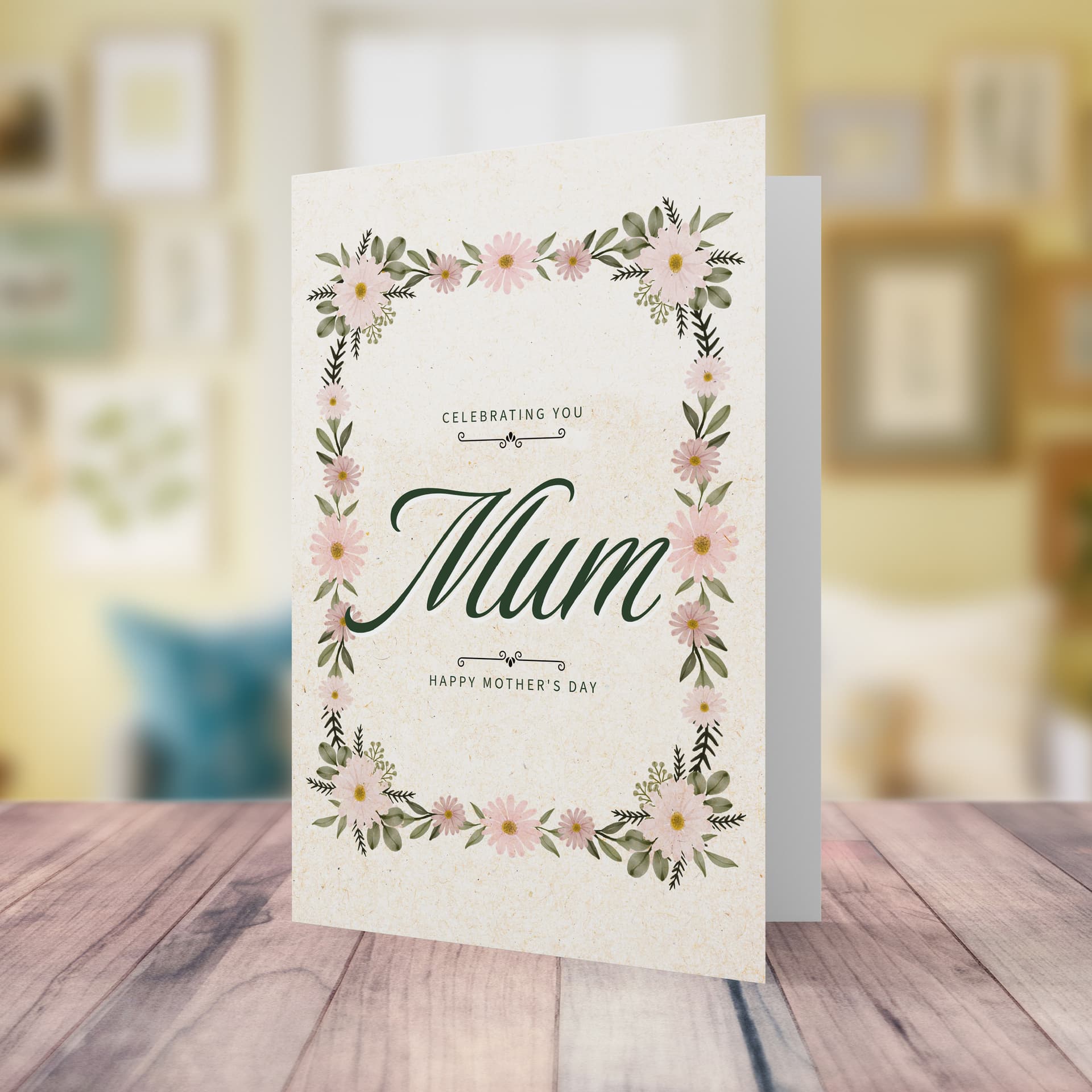 A petite A5 mother's day card with a floral border in light colours in English 