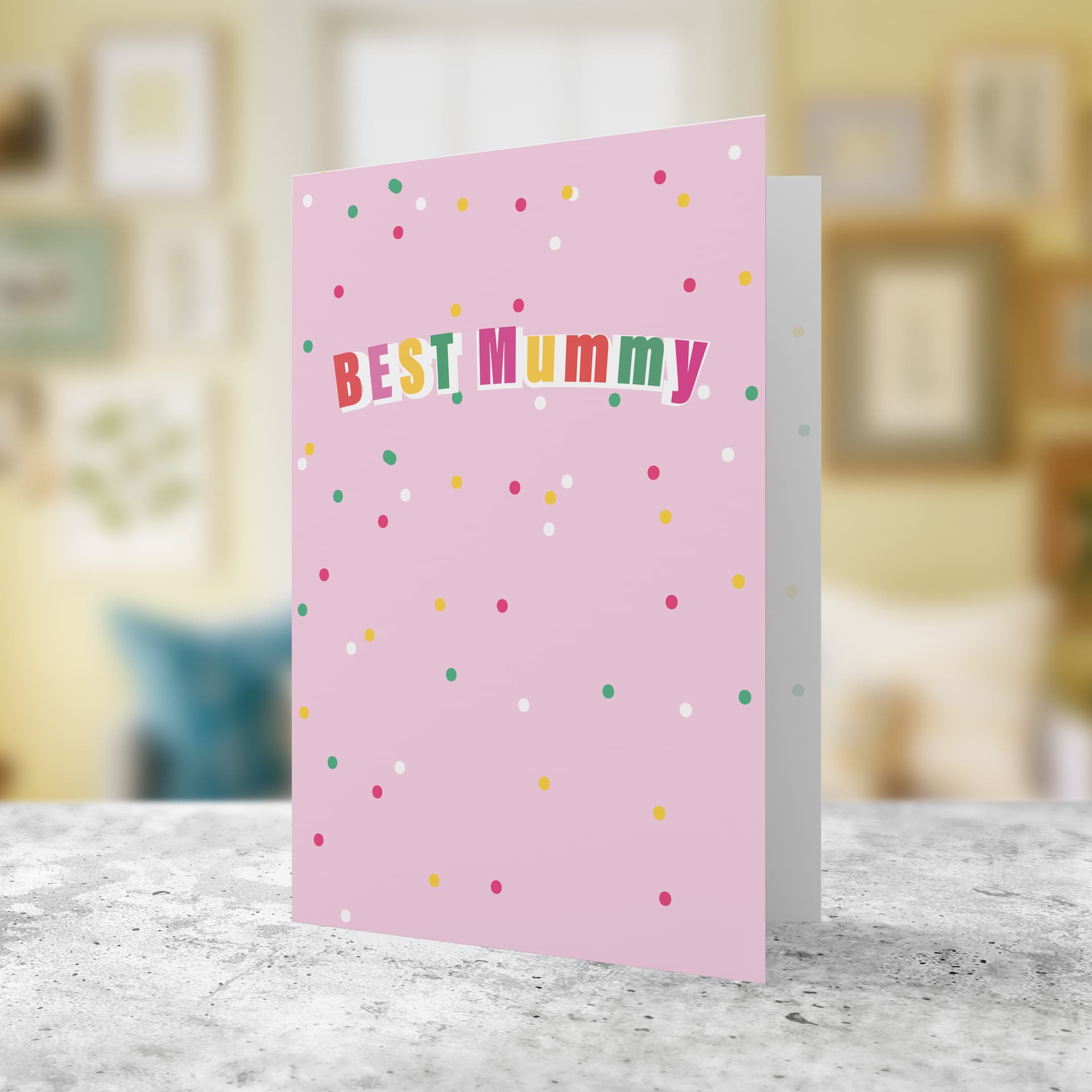 A beautiful colourful confetti pink background BEST Mummy card for Mother's Day / Birthday in English