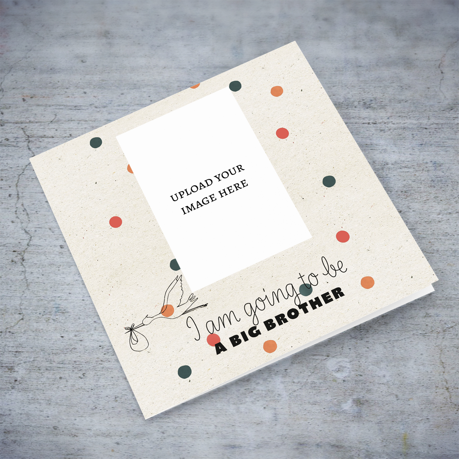 I am going to be a big brother - baby announcement photo card with spotty background and flying stork in English