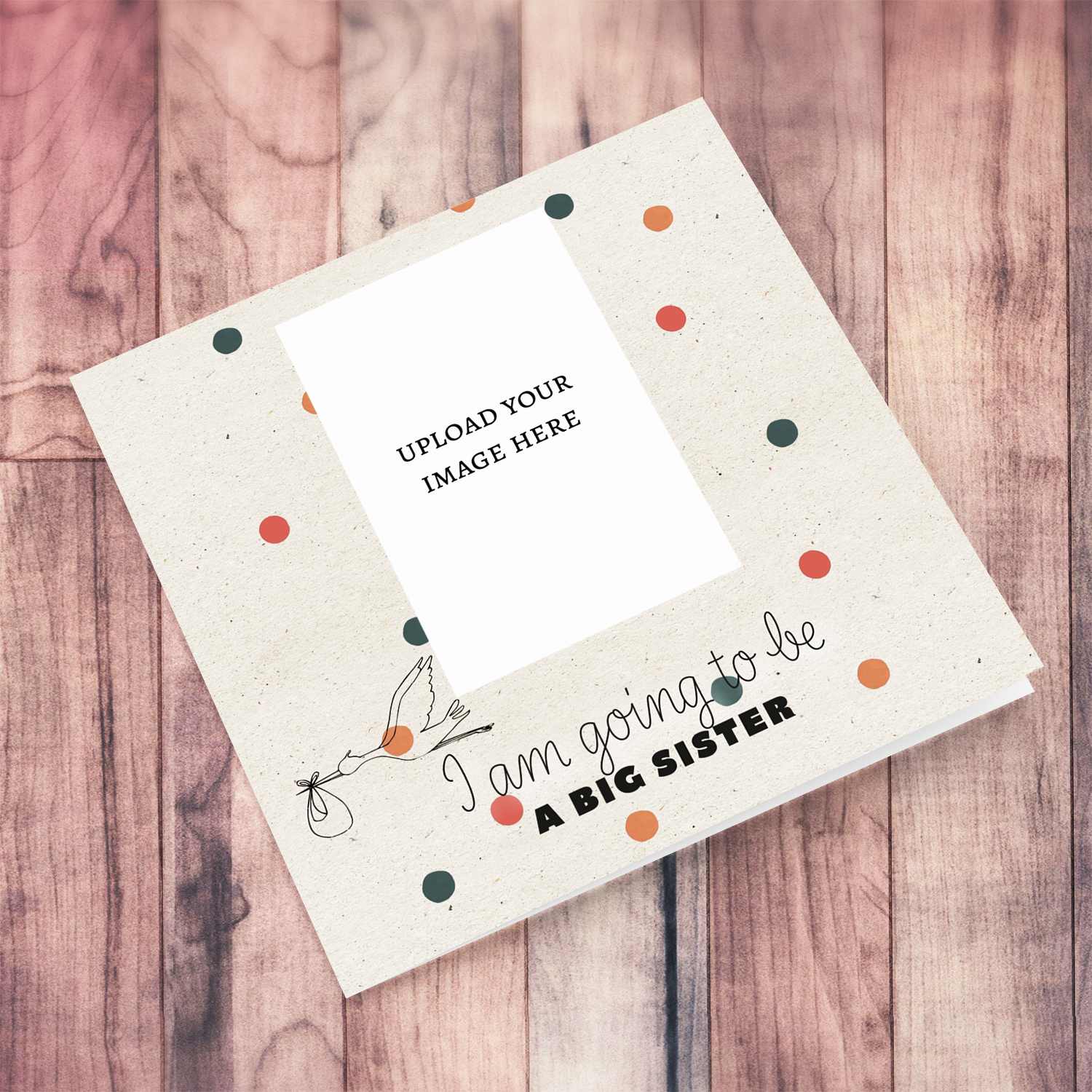 I am going to be a big sister - baby announcement photo card with spotty background and flying stork in English