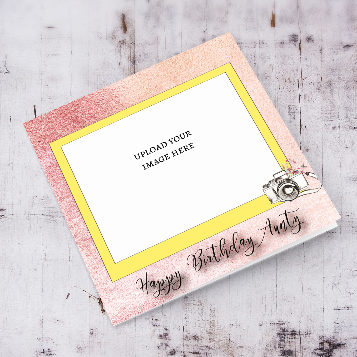 Photo birthday card for Aunty in pink background and yellow photo frame in English