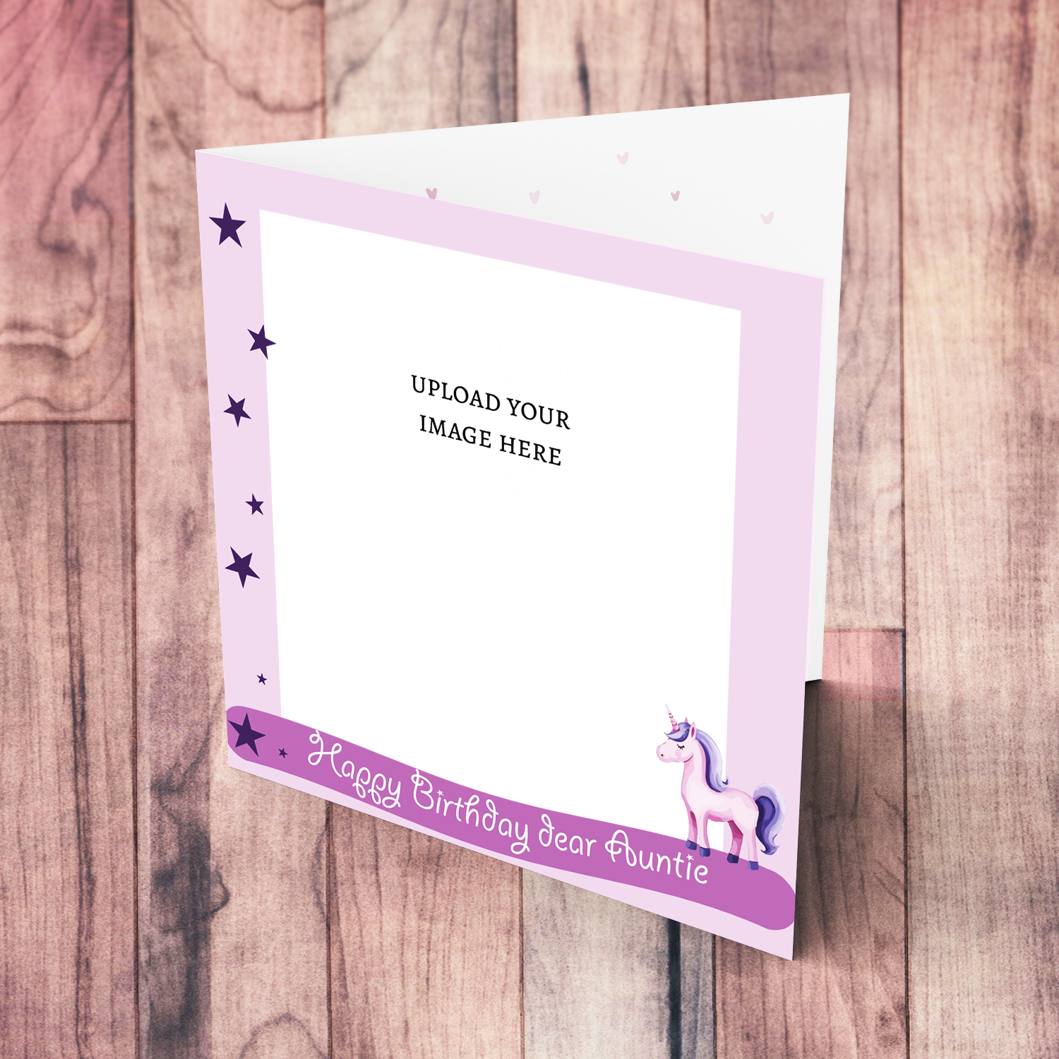 A cute photo birthday card with unicorn and stars in lilac background colour - for Auntie in English