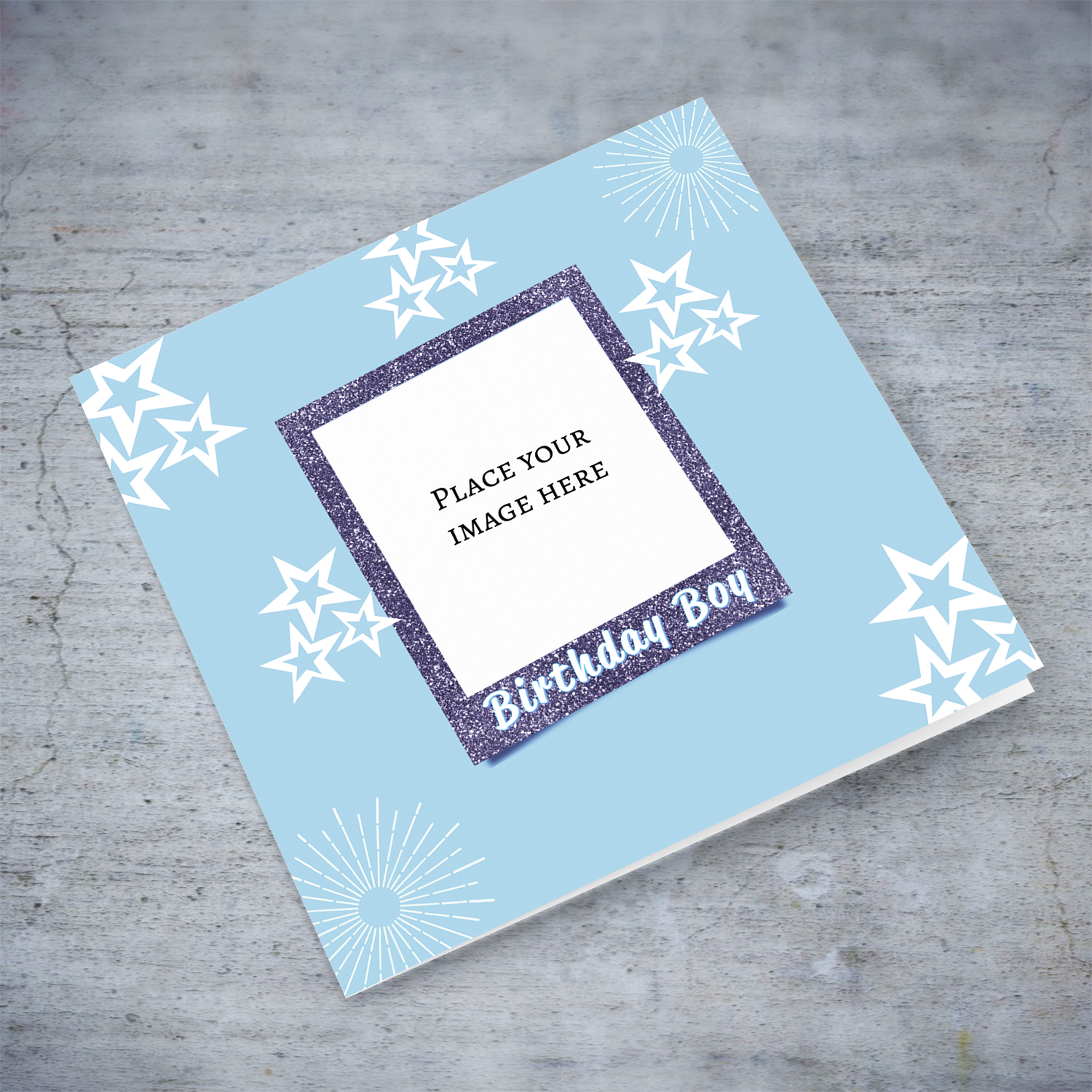 Photo birthday card with blue background and scattered white stars in English