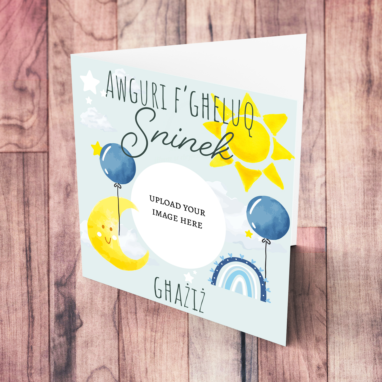 Circle shaped photo birthday card with the moon, sun, blue balloons & rainbow in Maltese