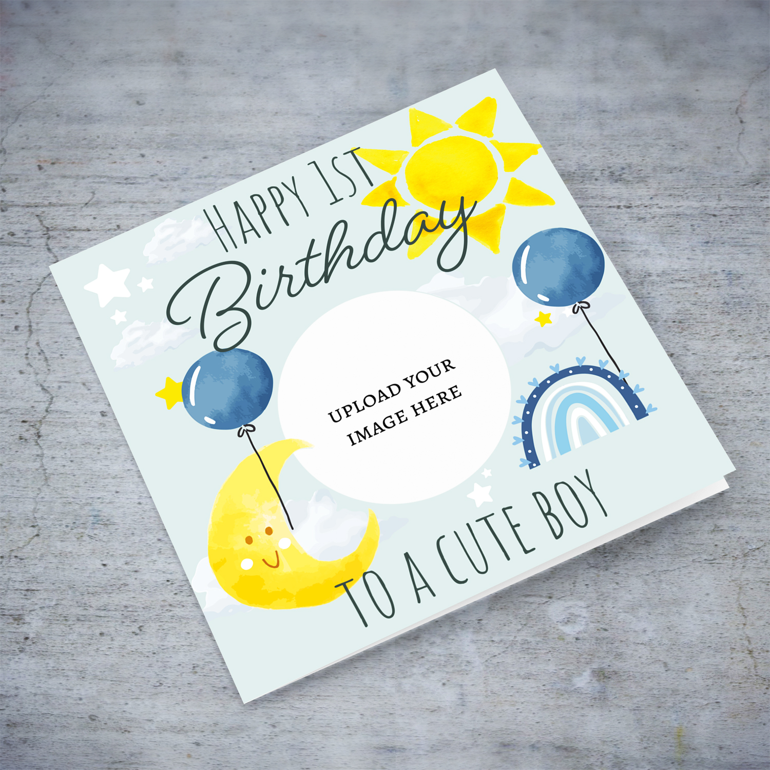 Circle shaped photo 1st  birthday card with the moon, sun, blue balloons & rainbow in English