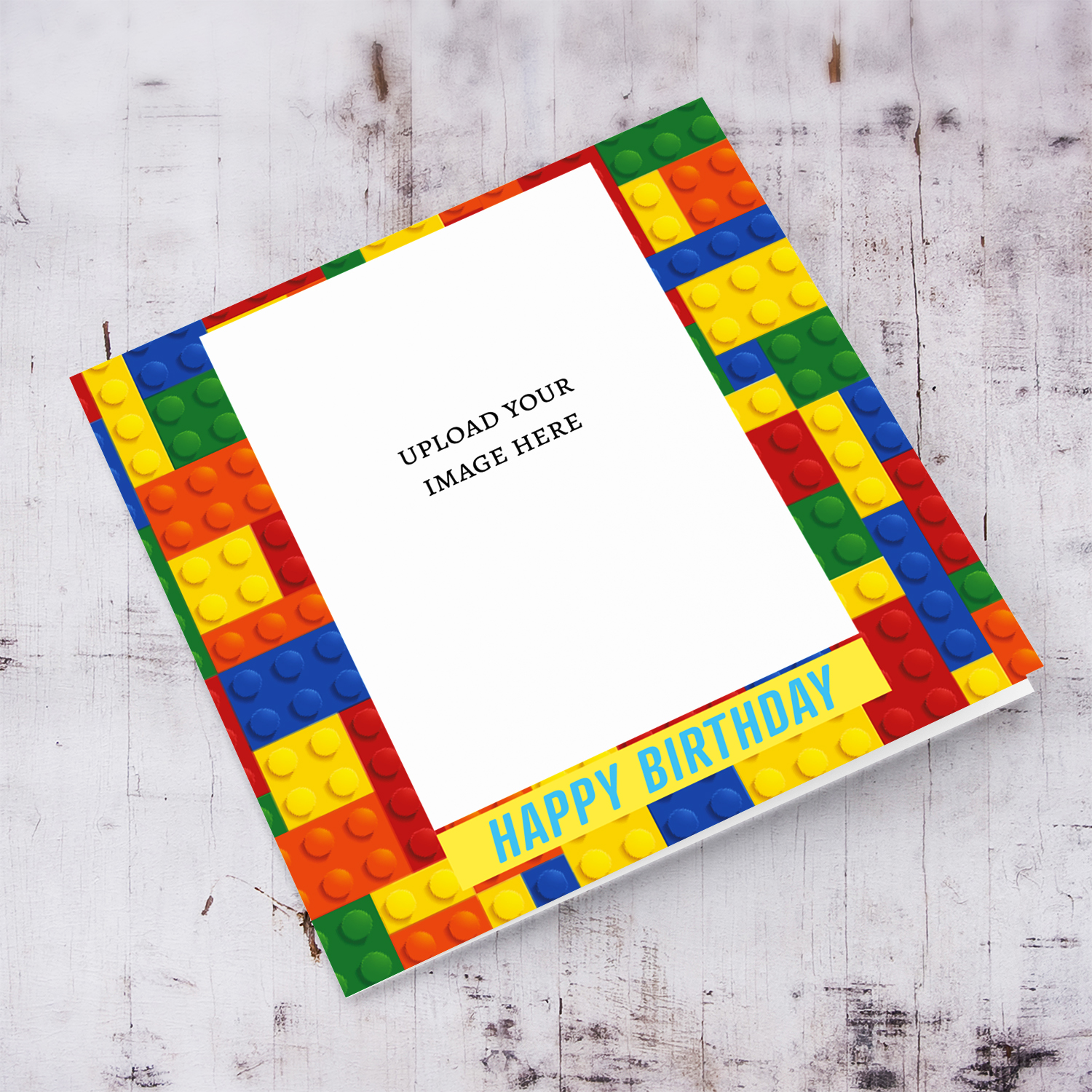 Colourful blocks themed photo birthday card in English