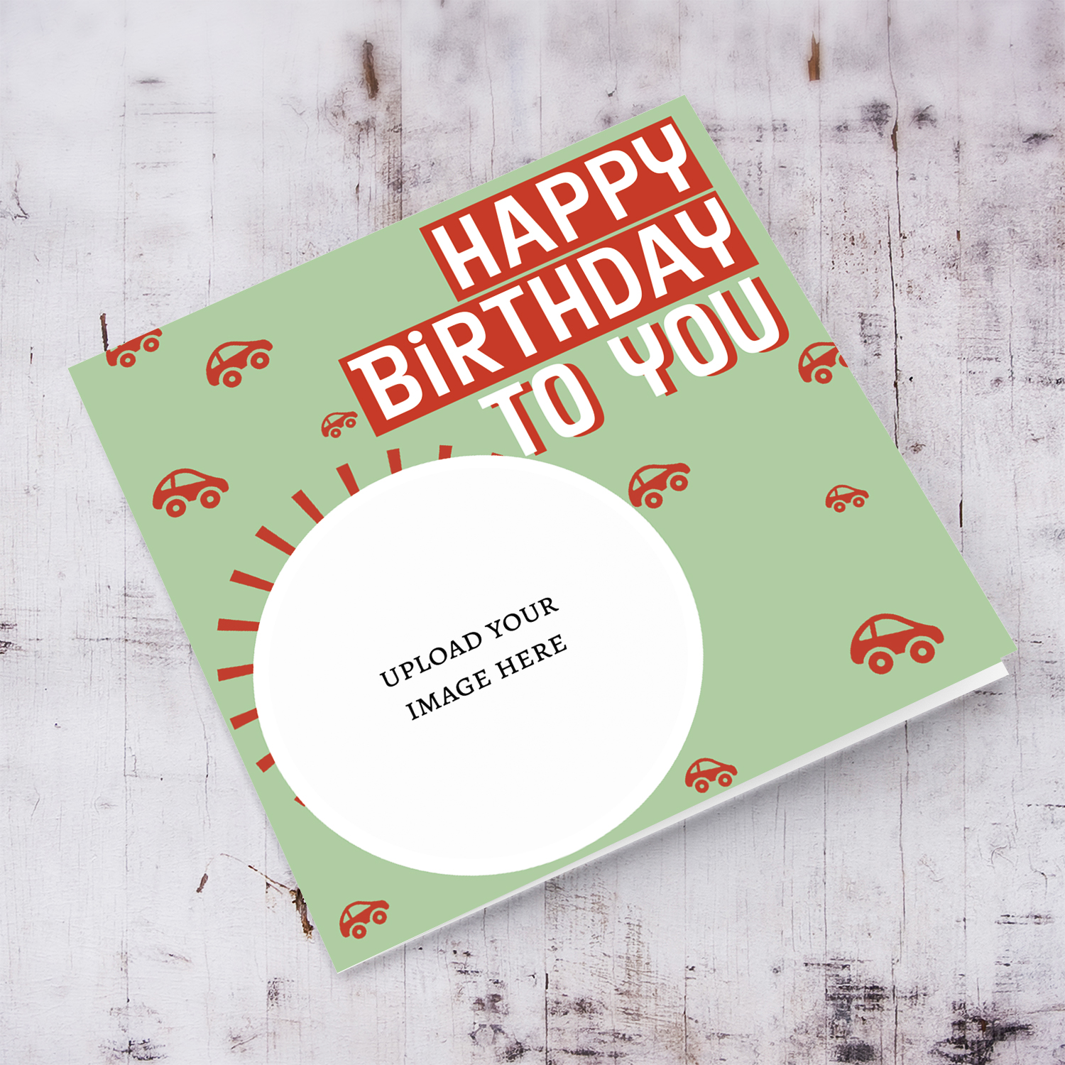 Happy Birthday to you circle photo card in green background with scattered cars in English
