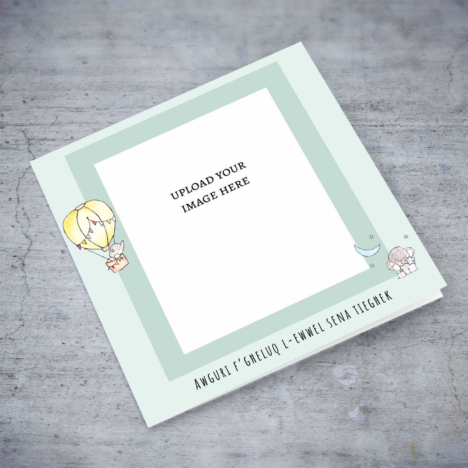 1st year photo birthday card with cute elephants in Maltese
