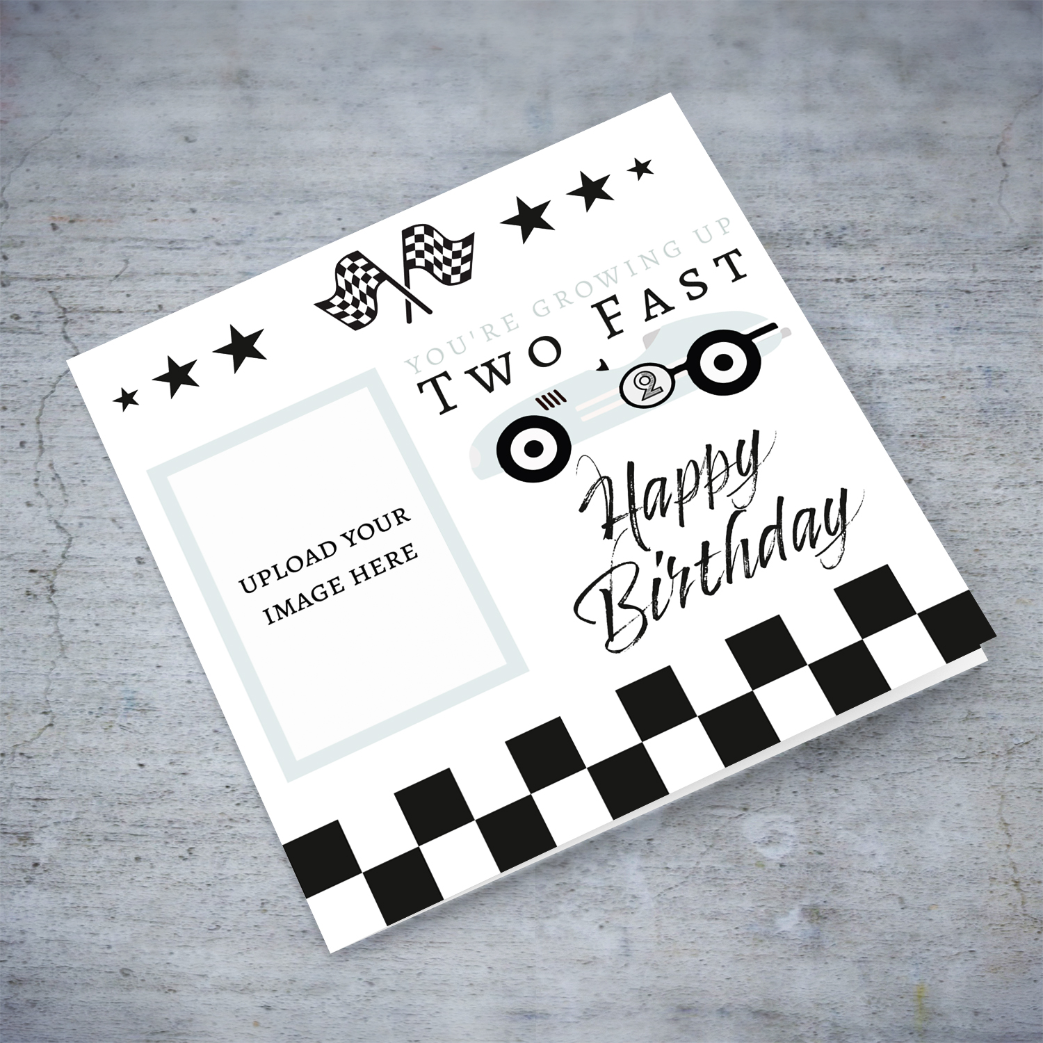 2nd birthday photo card with light blue Race car with chequered flags in English