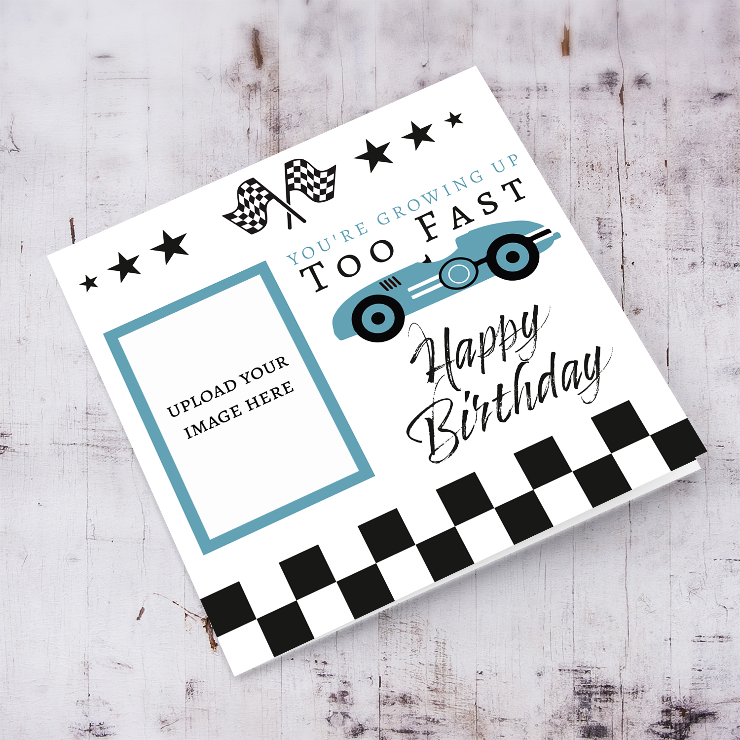 Dark Blue Race car themed photo birthday card with chequered flags in English 
