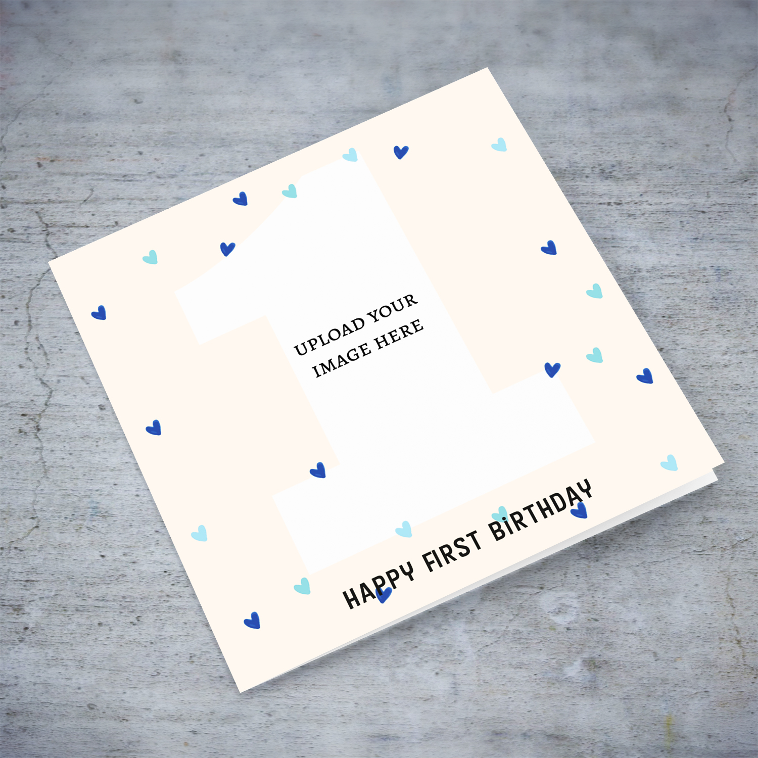 Happy 1st birthday photo card for boys - with photo space in the shape of a 1 in English