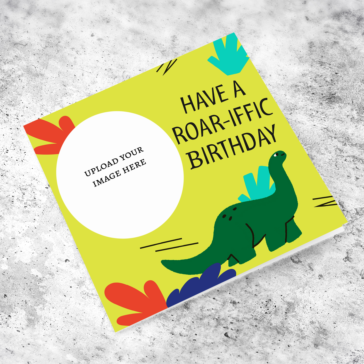 Cute dinosaur photo card - have a roar-iffic birthday in English