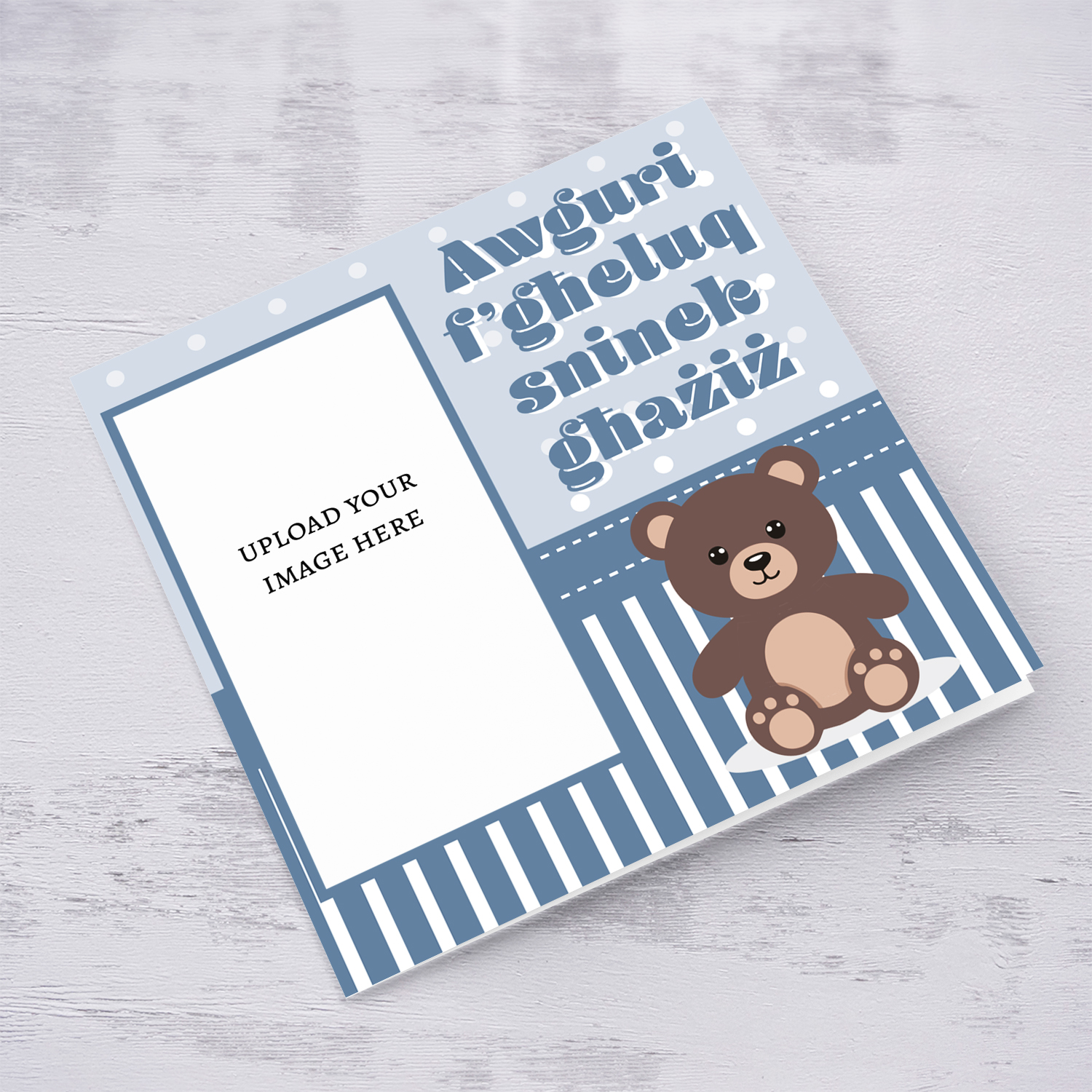 A cute photo card for a dear boy's birthday in spotted light blue background and shades of dark blue and white in English