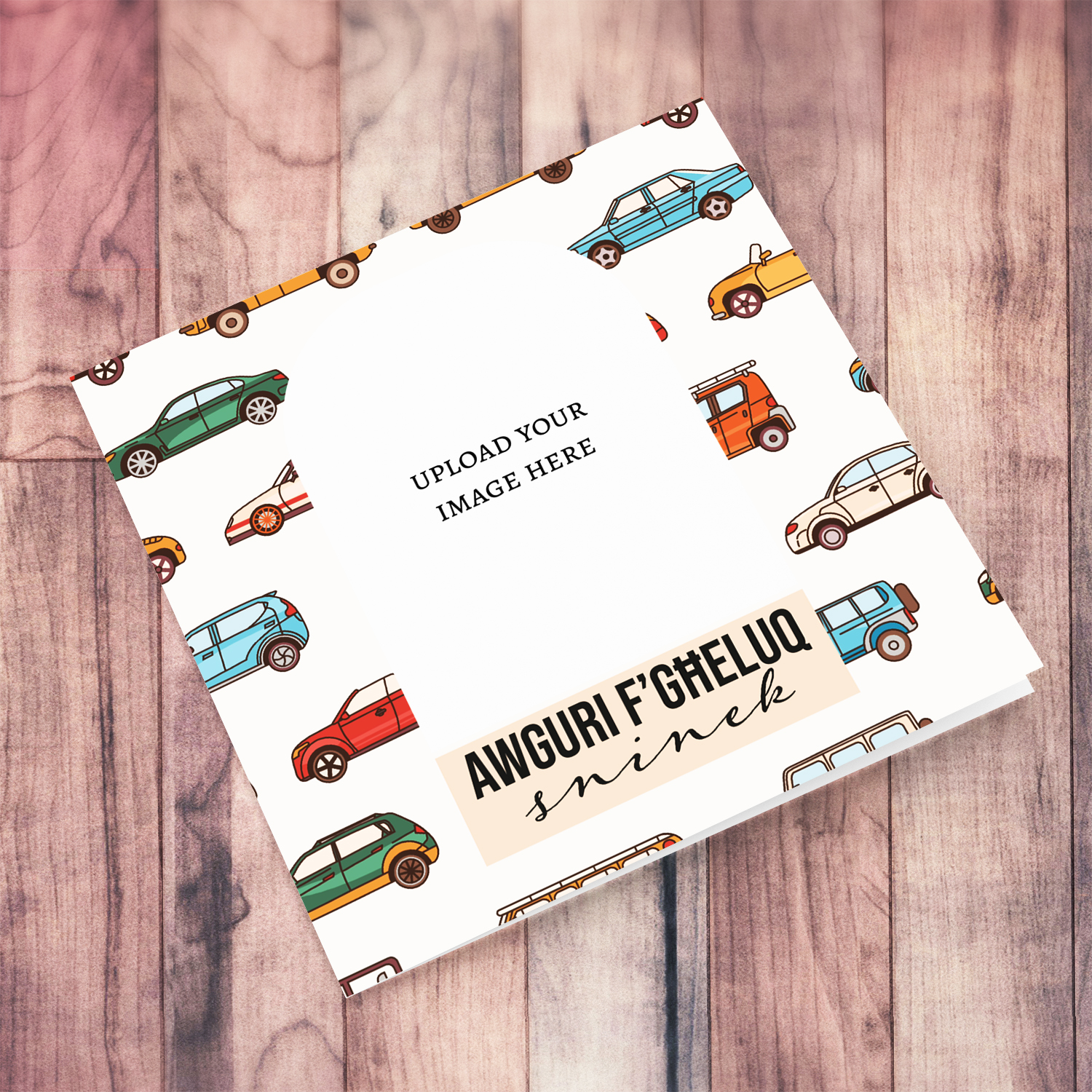 Colourful car themed photo birthday card in Maltese