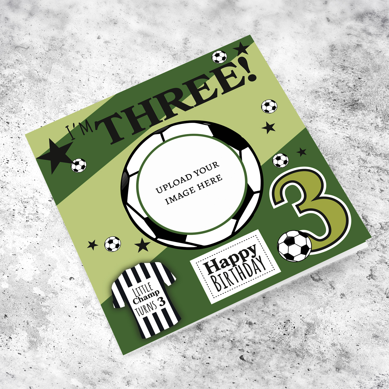 A cute football themed photo birthday card for a 3 year old boy, featuring a green themed background, with scattered footballs in English