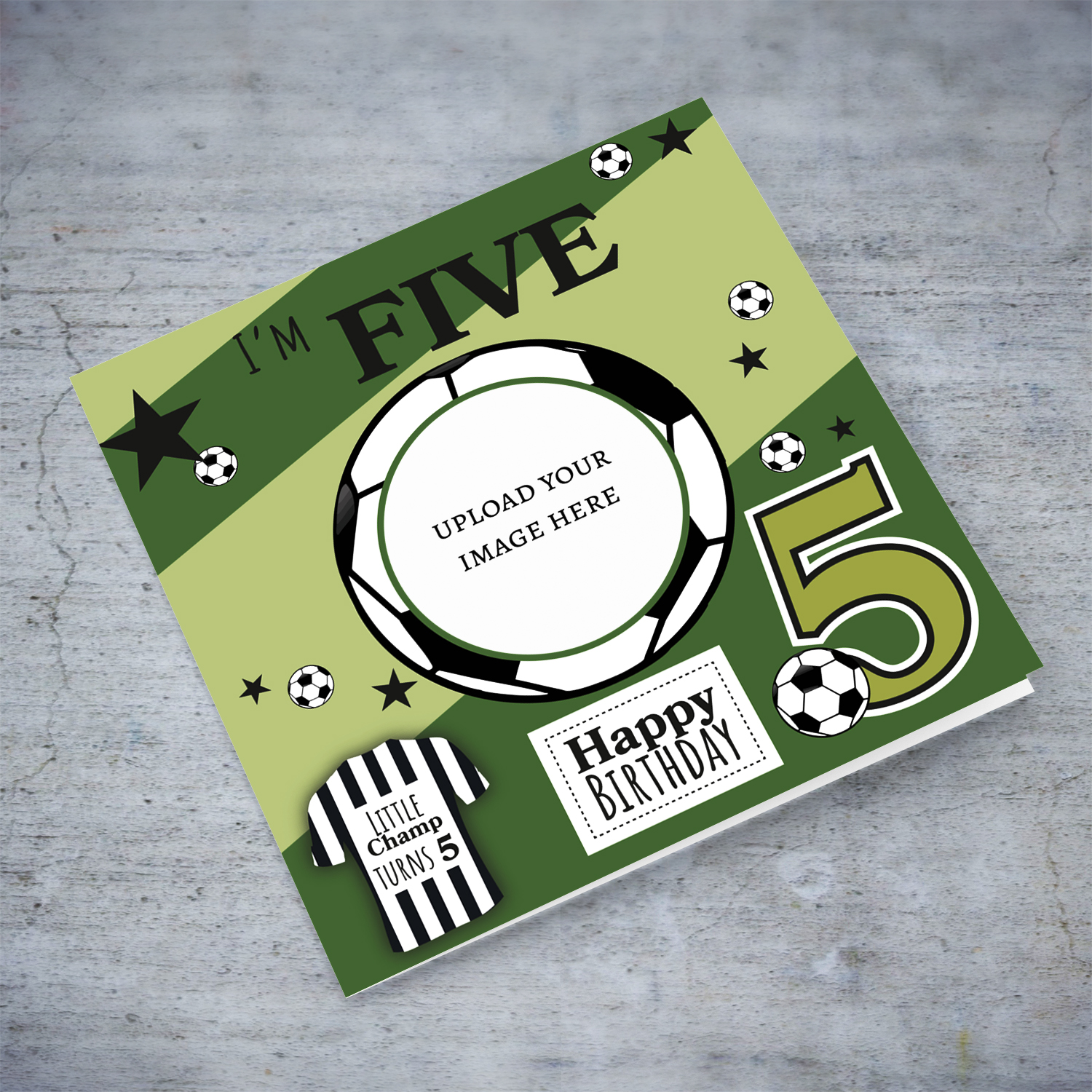 A cute football themed photo birthday card for a 5 year old boy, featuring a green themed background, with scattered footballs in English