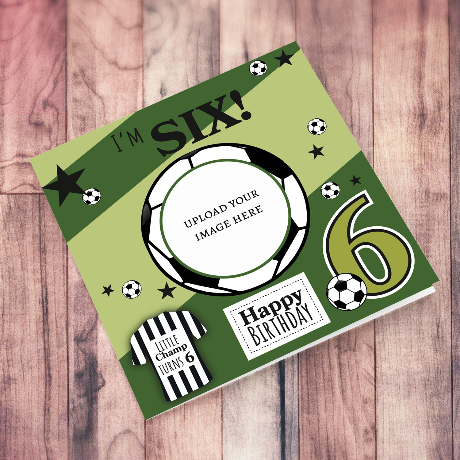 A cute football themed photo birthday card for a 6 year old boy, featuring a green themed background, with scattered footballs in English