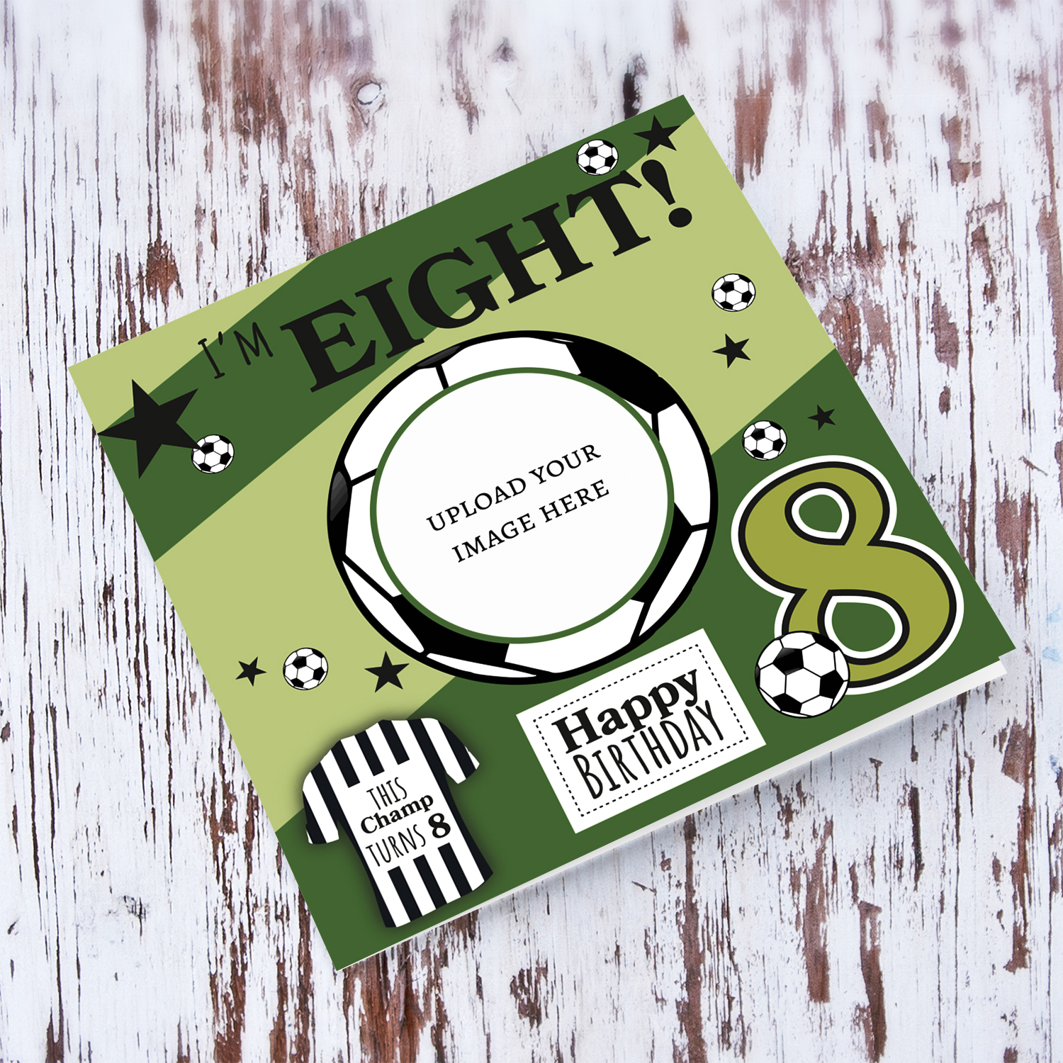 A cute football themed photo birthday card for an 8 year old boy, featuring a green themed background, with scattered footballs in English