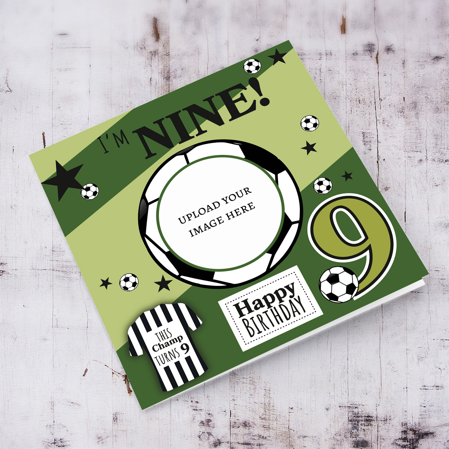 A cute football themed photo birthday card for a 9 year old boy, featuring a green themed background, with scattered footballs in English