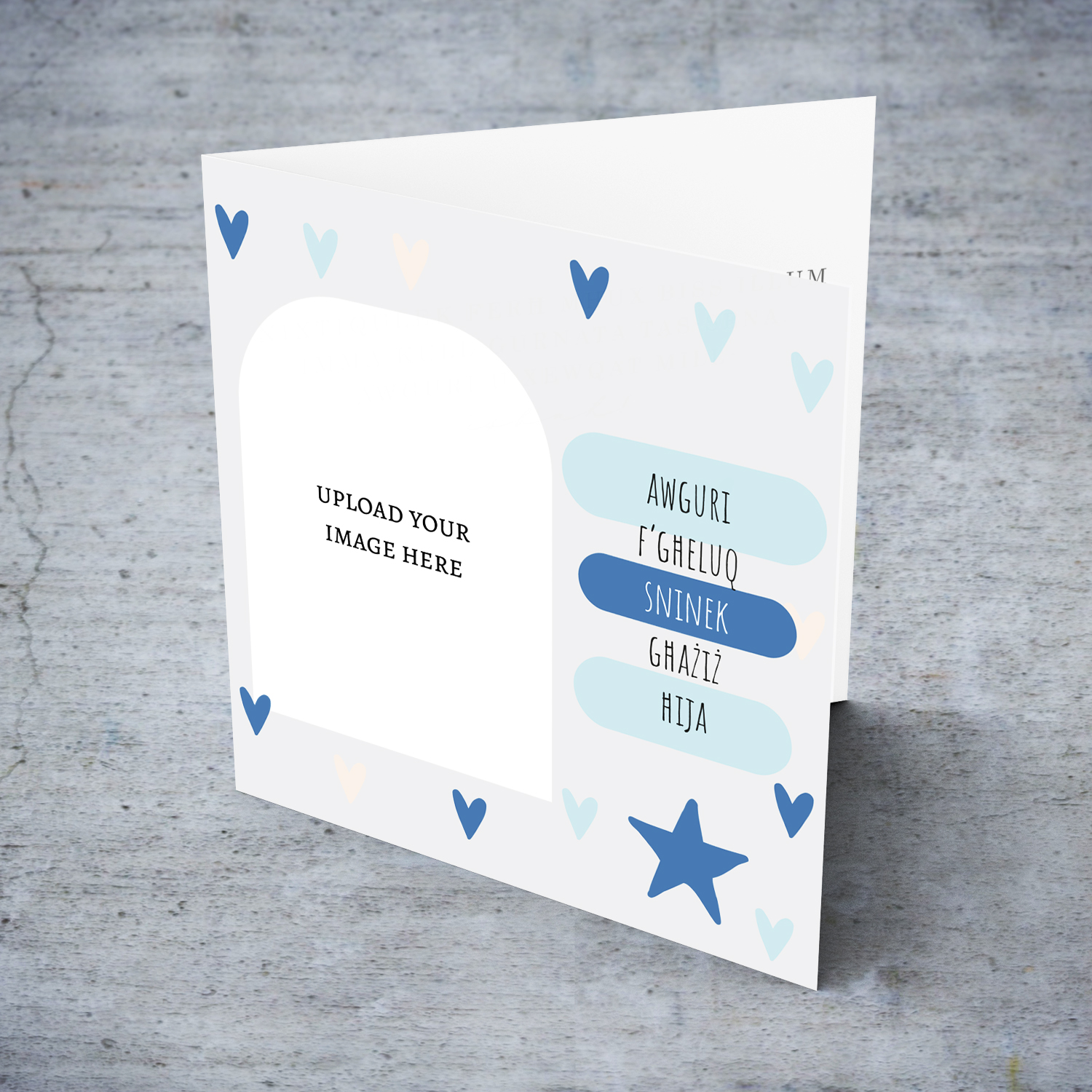 A beautiful modern photo birthday card for brother in light grey background, scattered hearts in shades of blue in Maltese